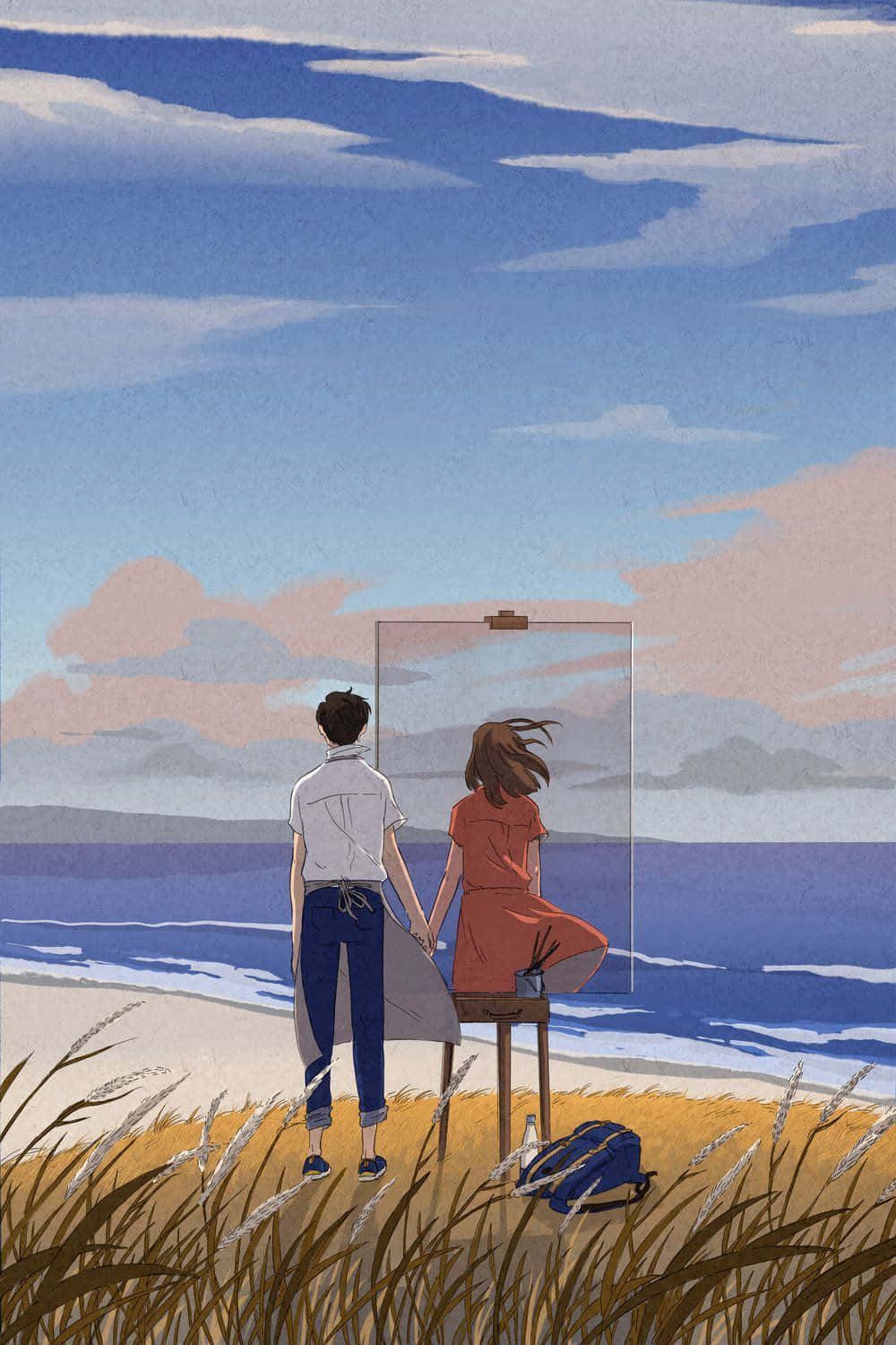 Cute Anime Couple 桌布 壁紙 — 一對情侶在日落時分的沙灘上牽手，一名女子正在畫架上描繪海洋。