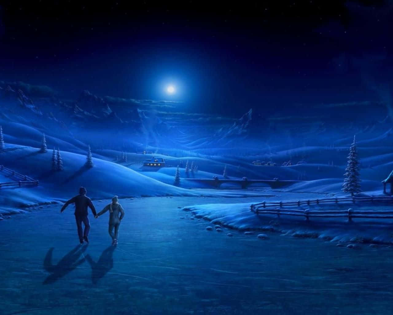 winter solstice 桌布 壁紙 — 一對情侶在星光燦爛的夜空下，於白雪覆蓋的山谷中，在月光照耀的冰凍湖面上滑行。