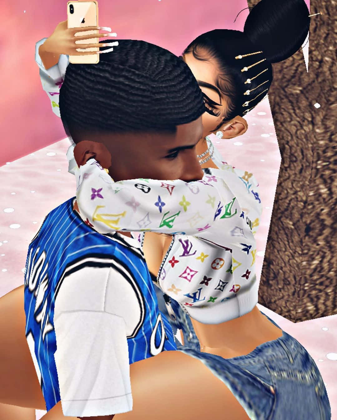 imvu 桌布 壁紙 — 一對情侶在粉紅色調的數碼場景中，一邊緊緊擁抱，一邊用手機自拍。