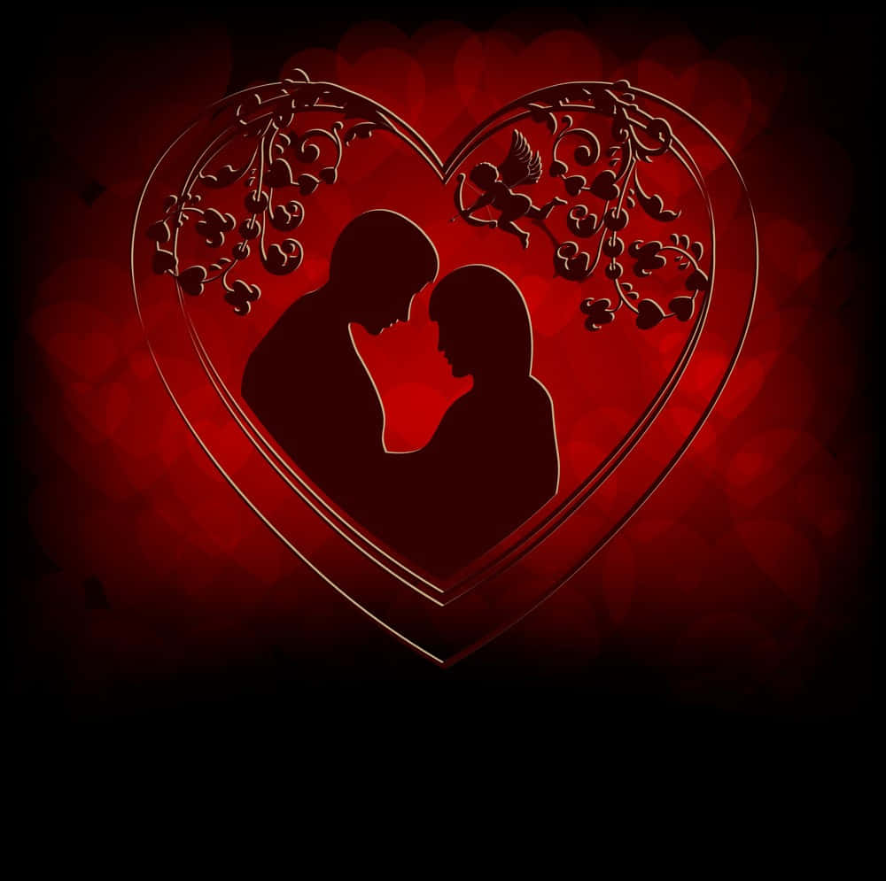 Lovers 桌布 壁紙 — 一對情侶在裝飾心形框架內擁抱的剪影，背景是發光的紅色散景。