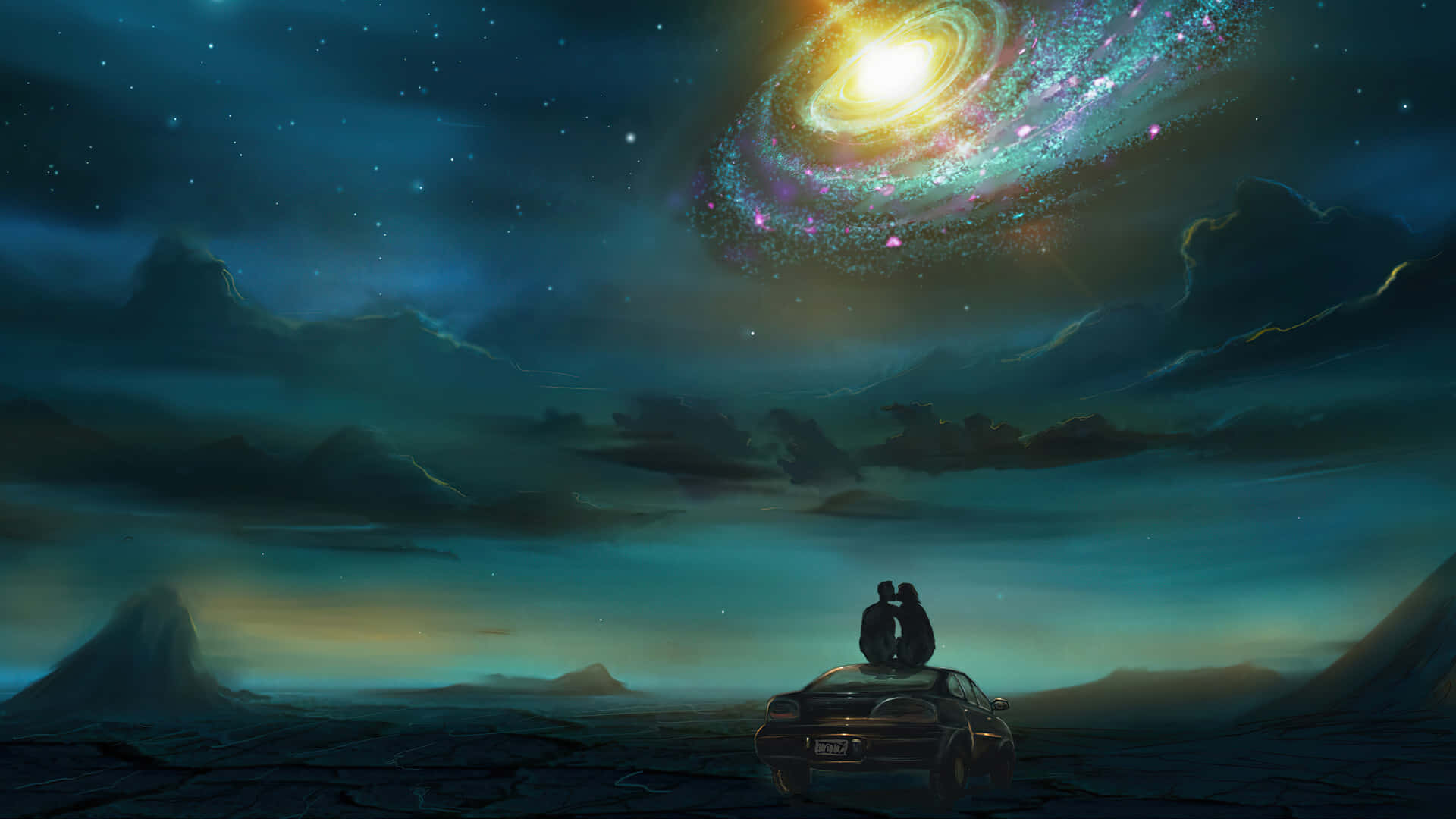 Galaxy Artwork 桌布 壁紙 — 一對情侶在車頂上擁抱，頭頂是廣闊的宇宙天空，閃耀著螺旋星系。