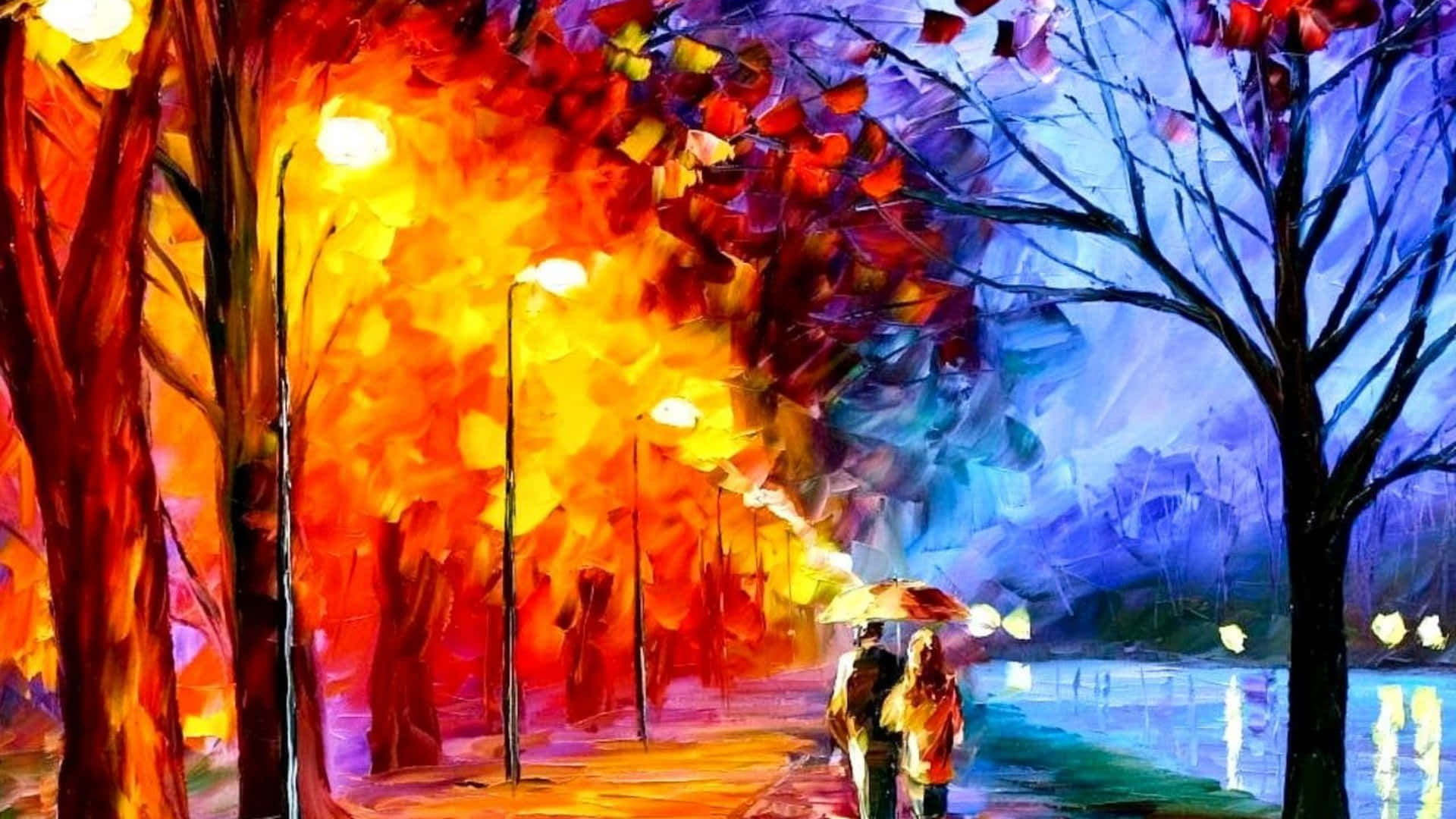 Beautiful HD 桌布 壁紙 — 一對情侶在雨傘下沿著充滿活力的秋夜街道漫步，周圍是火熱的橙色和清涼的藍色樹木。