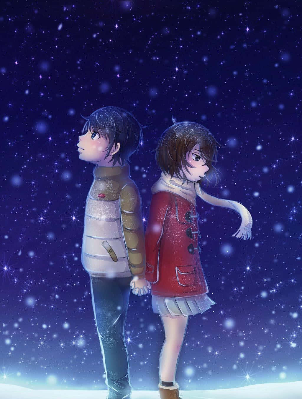 一對情侶在雪中牽手站立 壁紙