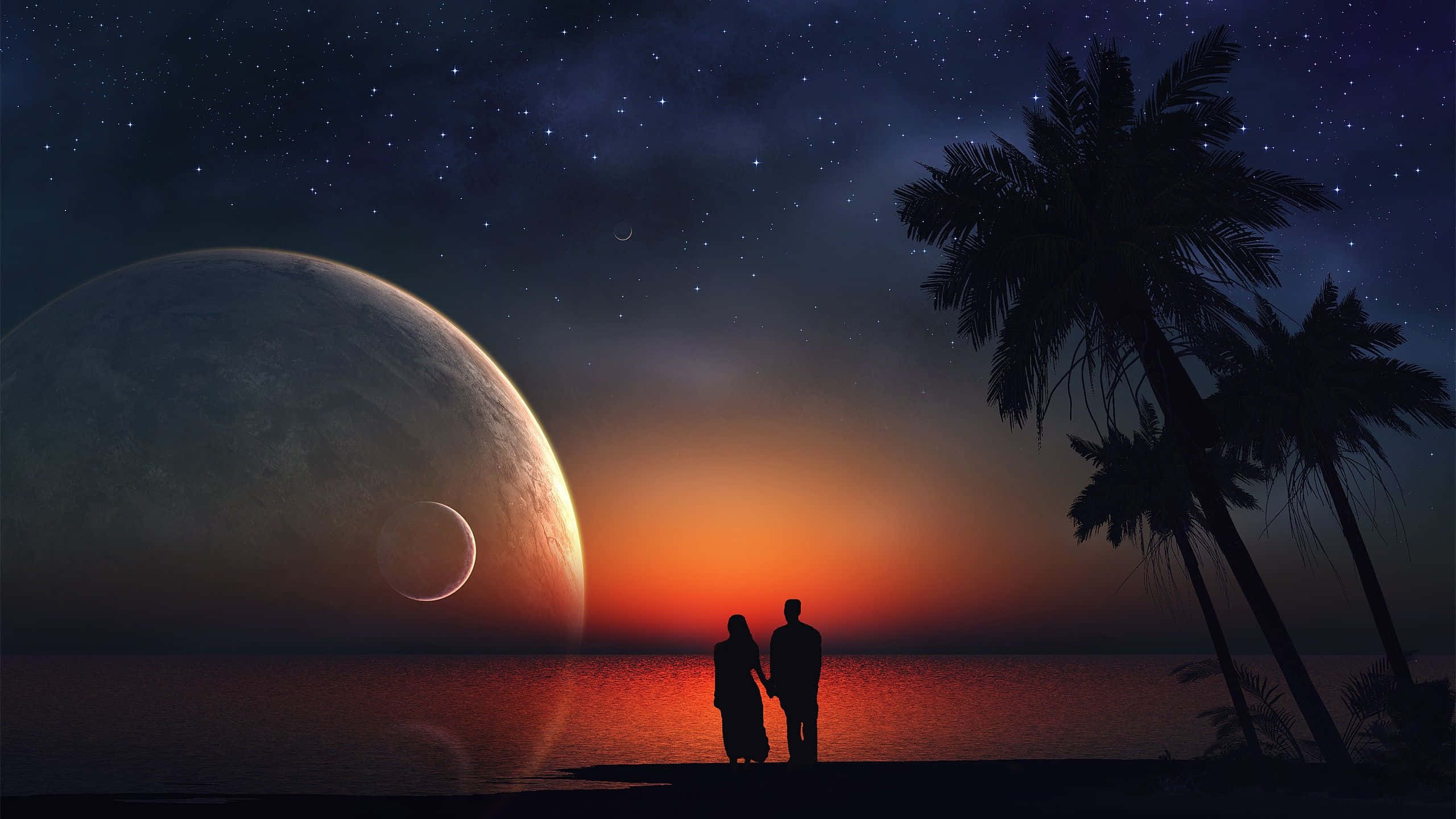 月亮與星星動畫 桌布 壁紙 — 一對情侶在黃昏的海灘上牽手，一輪巨大的月亮和彎月從星空下的海洋升起。