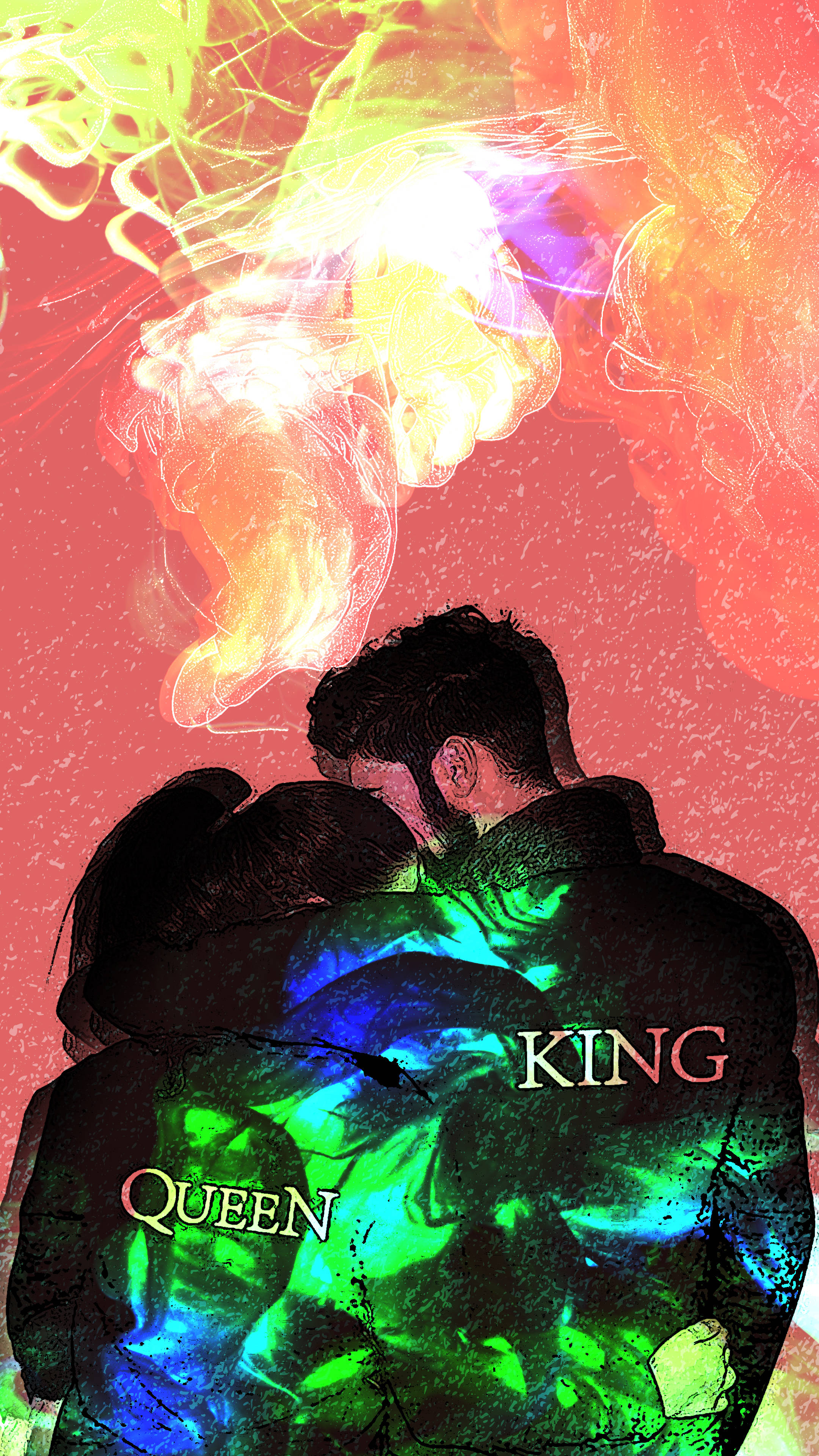 king 桌布 壁紙 — 一對情侶從背後擁抱，背景是充滿活力的抽象圖案，帶有發光的霓虹色彩和文字標籤。