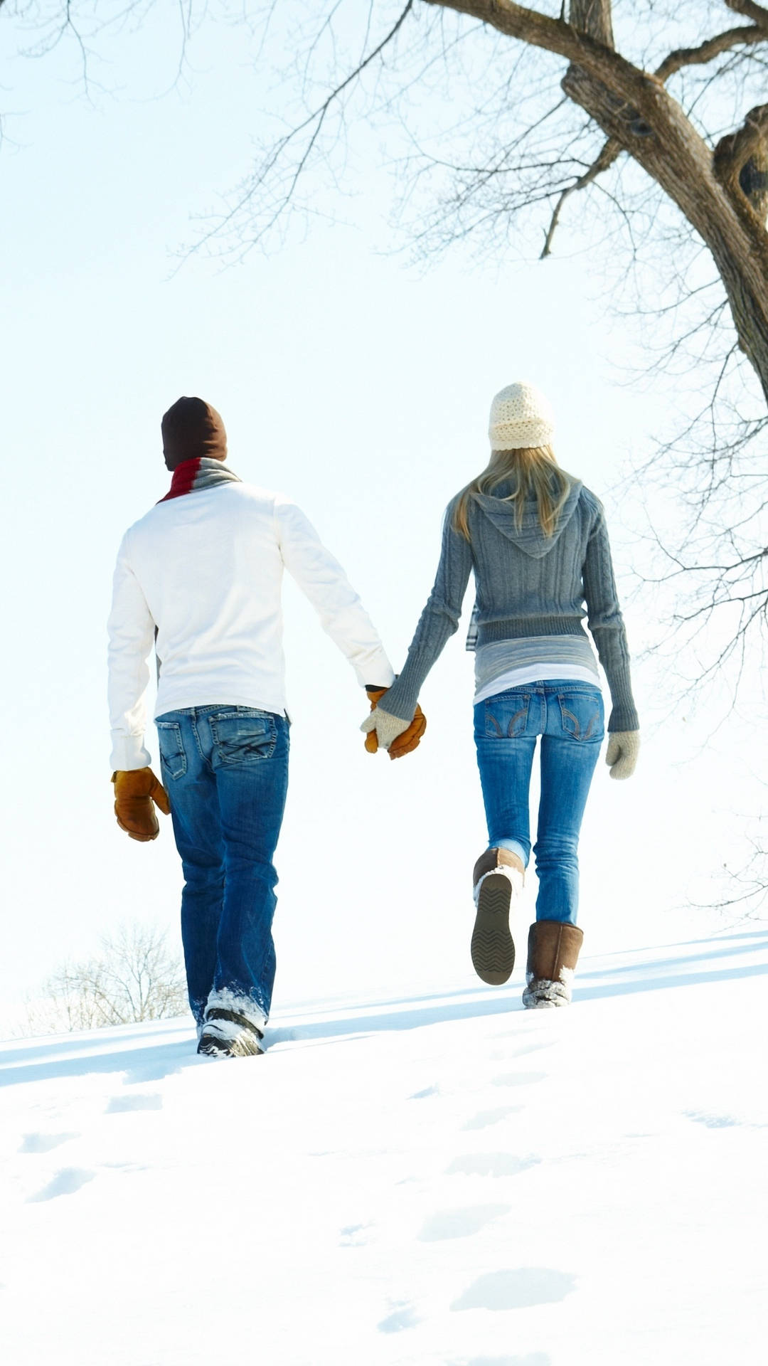 Girlfriend 桌布 壁紙 — 一對情侶手牽手走上白雪覆蓋的山丘，天空明亮，樹木光禿。
