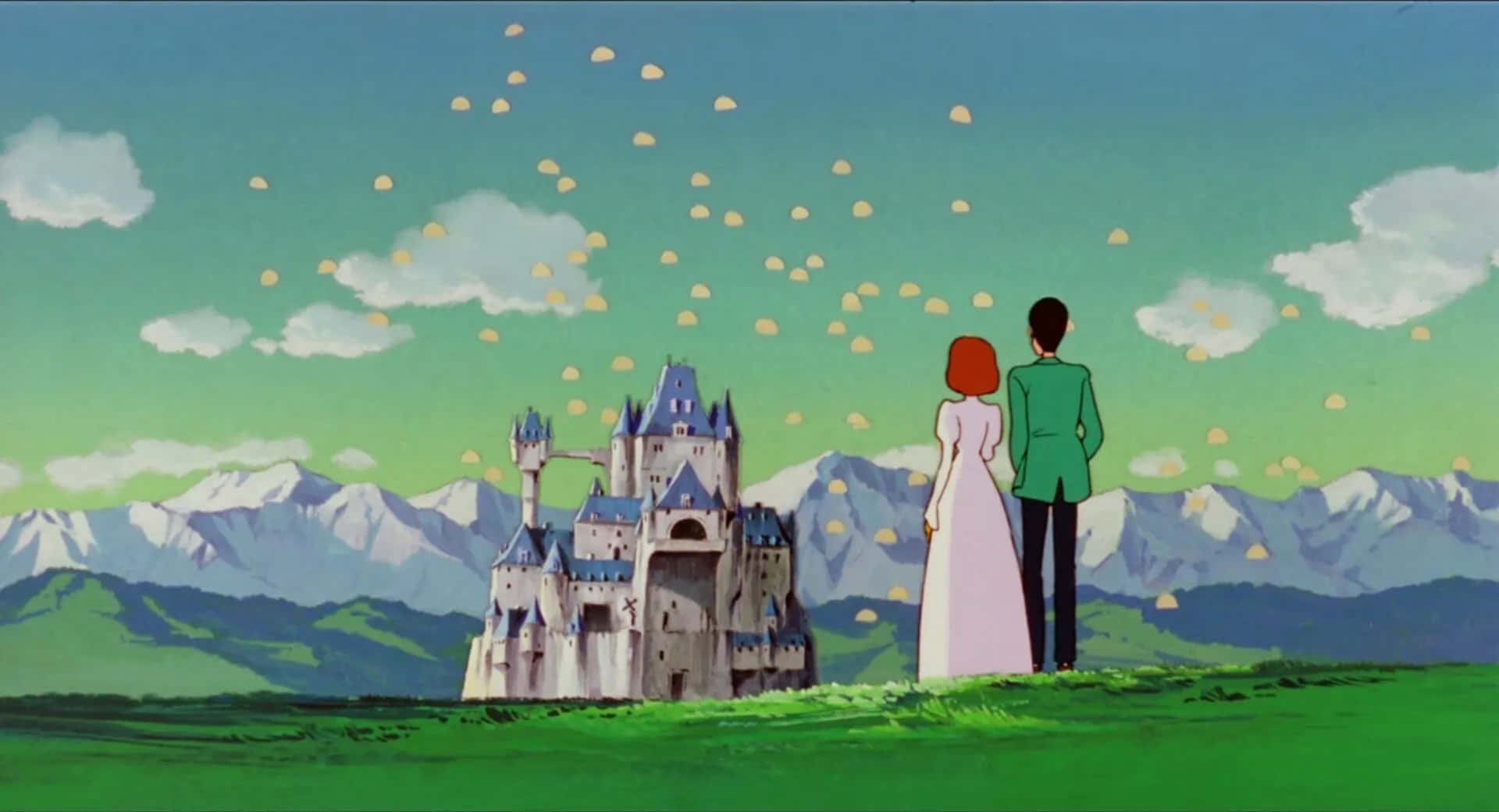 Lupin Iii The Castle Of Cagliostro 桌布 壁紙 — 一對情侶站在草地上，凝視著一座雄偉的城堡，背後是白雪覆蓋的山脈，天空飄滿金色的花瓣。
