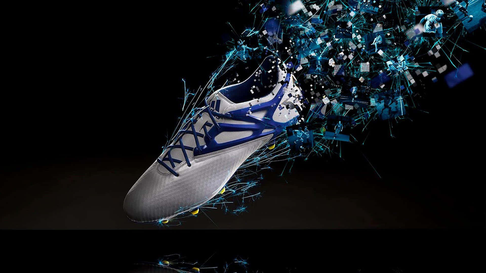 Footwear Design 桌布 壁紙 — 一對未來風格的足球鞋在黑色背景上爆裂成藍色數碼碎片。