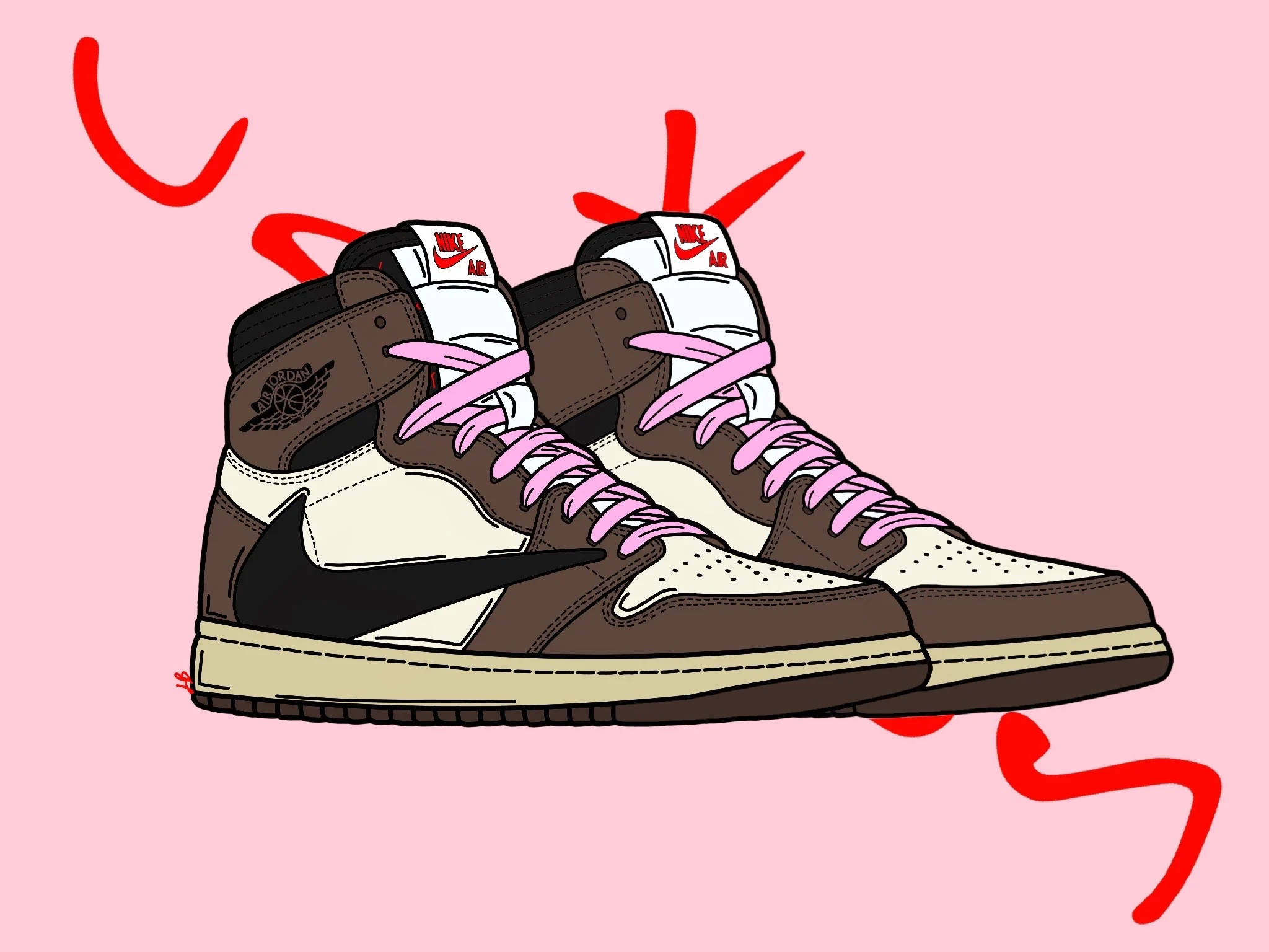 Nike 桌布 壁紙 — 一對棕色和白色的高筒運動鞋，帶有粉紅色鞋帶和紅色波浪線，背景為粉紅色。