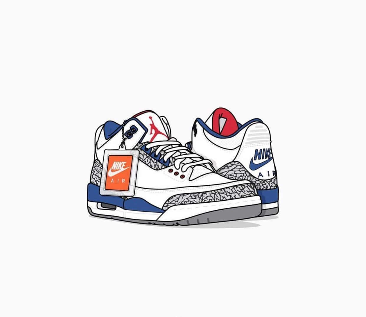 Cute Shoes 桌布 壁紙 — 一對標誌性的 Air Jordan 3 運動鞋，以鮮豔色彩繪製，鞋帶上掛著標籤。