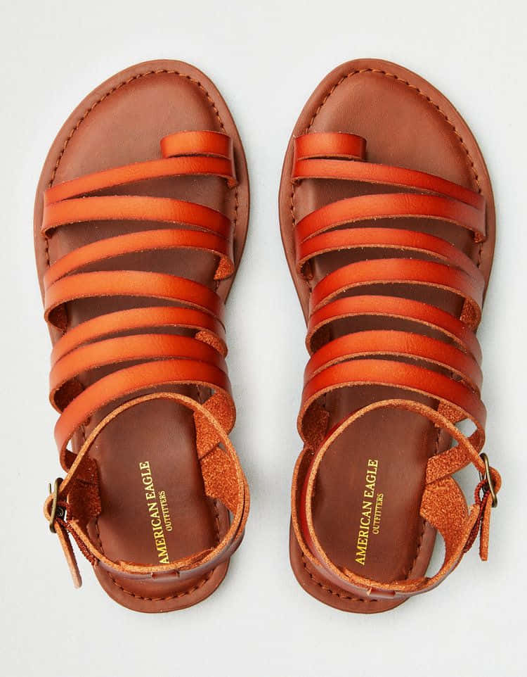 Sandals 桌布 壁紙 — 一對橙色皮革角鬥士涼鞋的俯視圖，帶有多條帶子和鞋墊上的品牌標誌。