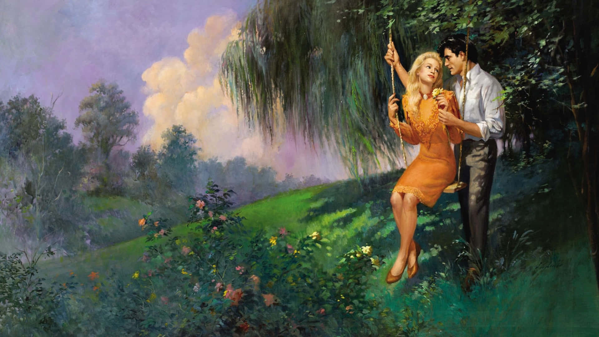 Beautiful Painting 桌布 壁紙 — 一對浪漫情侶在垂柳下分享溫馨時刻，一位女士在陽光普照的花園中輕輕盪著鞦韆。
