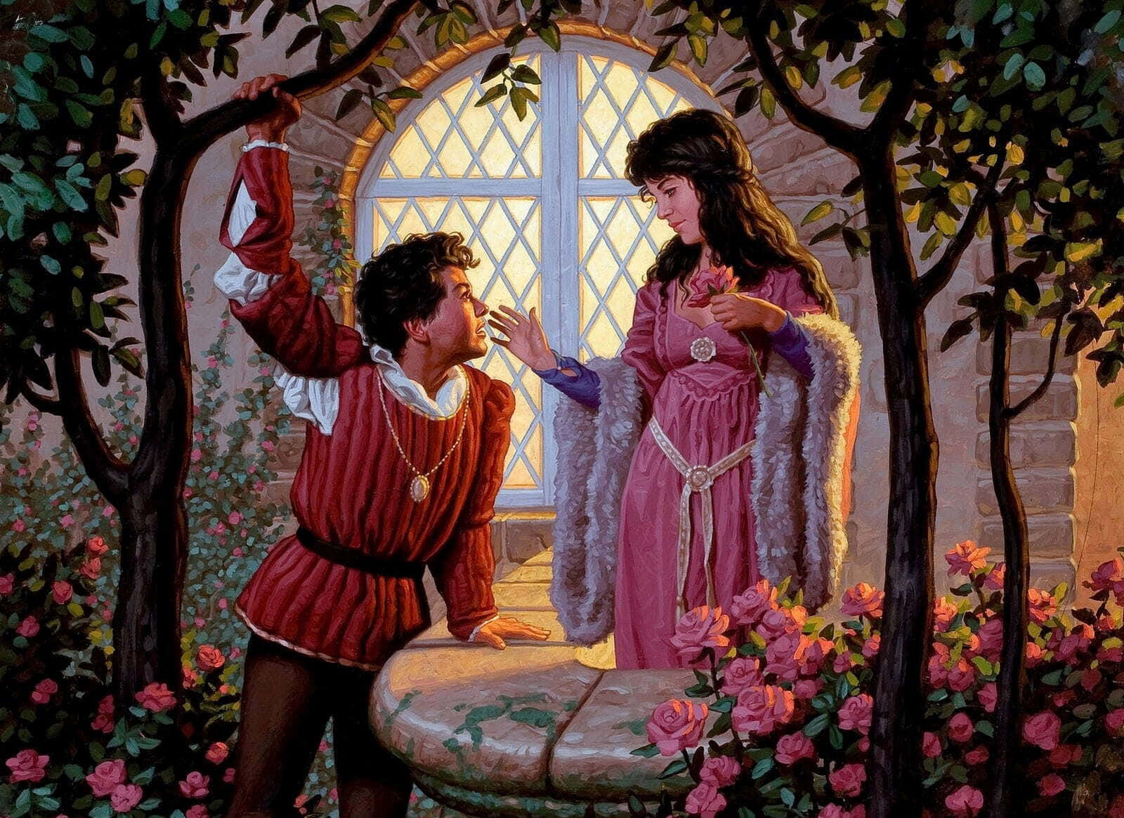 romeo and juliet 桌布 壁紙 — 一對浪漫的中世紀情侶在盛開的玫瑰下分享溫柔時刻，旁邊是沐浴在溫暖夕陽光中的石噴泉。