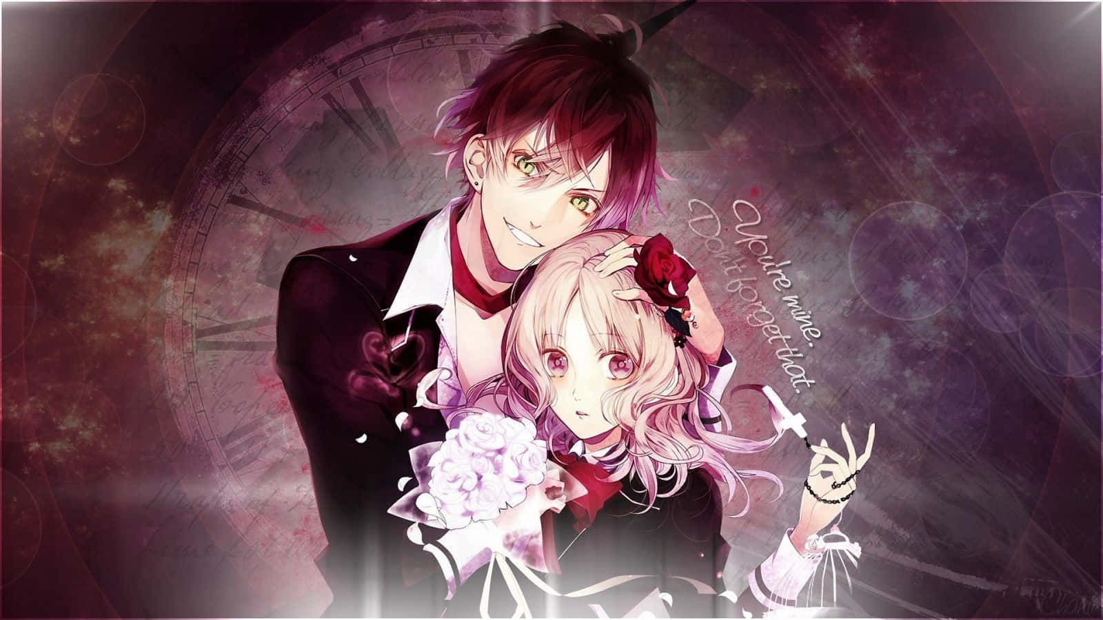 Reiji Sakamaki 桌布 壁紙 — 一對浪漫的動漫情侶在深紫色發條背景中擁抱，伴隨著發光的粒子和柔和的光效。