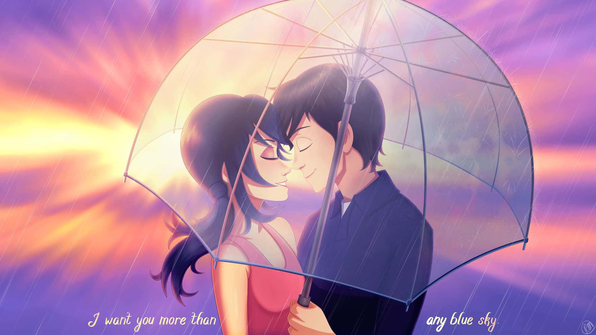 Weathering With You 桌布 壁紙 — 一對溫柔的動漫情侶在充滿活力的日落天空下共享一把透明雨傘，雨水在他們周圍落下。
