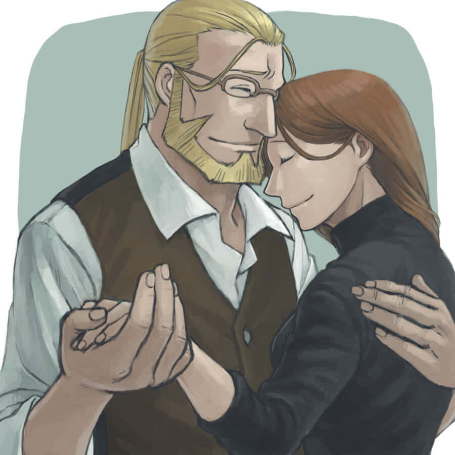 Van Hohenheim 桌布 壁紙 — 一對溫柔的動漫情侶在柔和的青綠色背景前緊緊擁抱，帶著溫柔的微笑和緊握的雙手。
