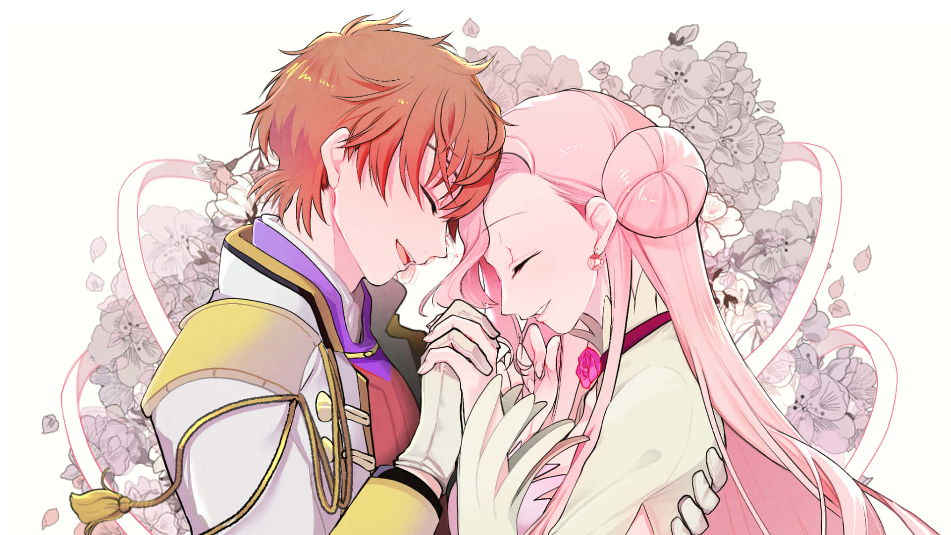 Euphemia Li Britannia 桌布 壁紙 — 一對溫柔的動漫情侶在柔和粉紅與紫色花卉漩渦中相擁，光線柔和。