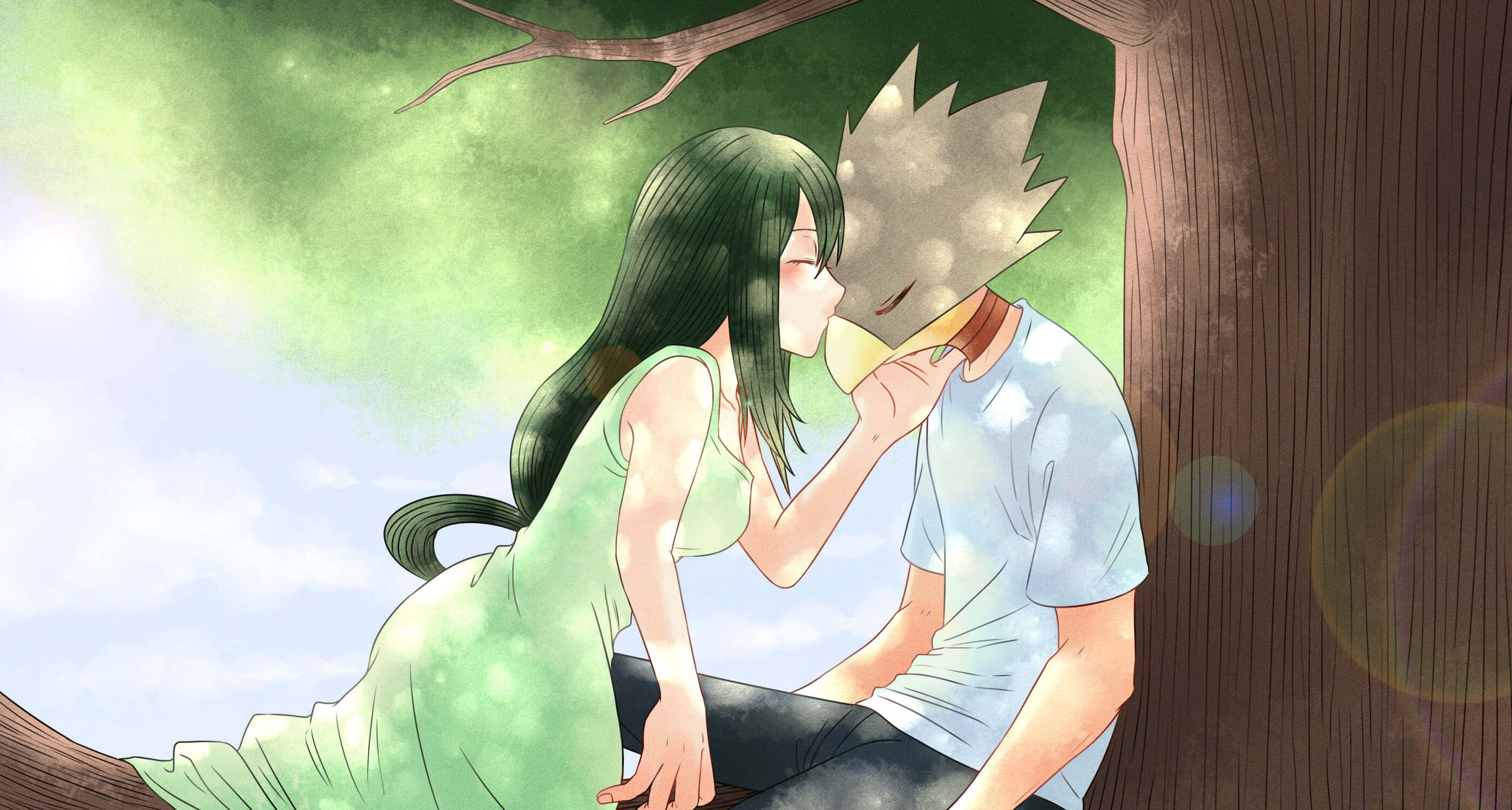 Fumikage Tokoyami 桌布 壁紙 — 一對溫柔的動漫情侶在樹下共享寧靜時刻，伴隨著柔和綠光與鏡頭光暈。
