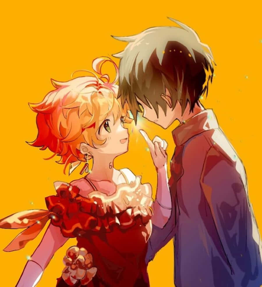 The Promised Neverland Ray 桌布 壁紙 — 一對溫柔的動漫情侶在溫暖發光的橙色背景前分享親密時刻，帶有柔和閃爍效果。