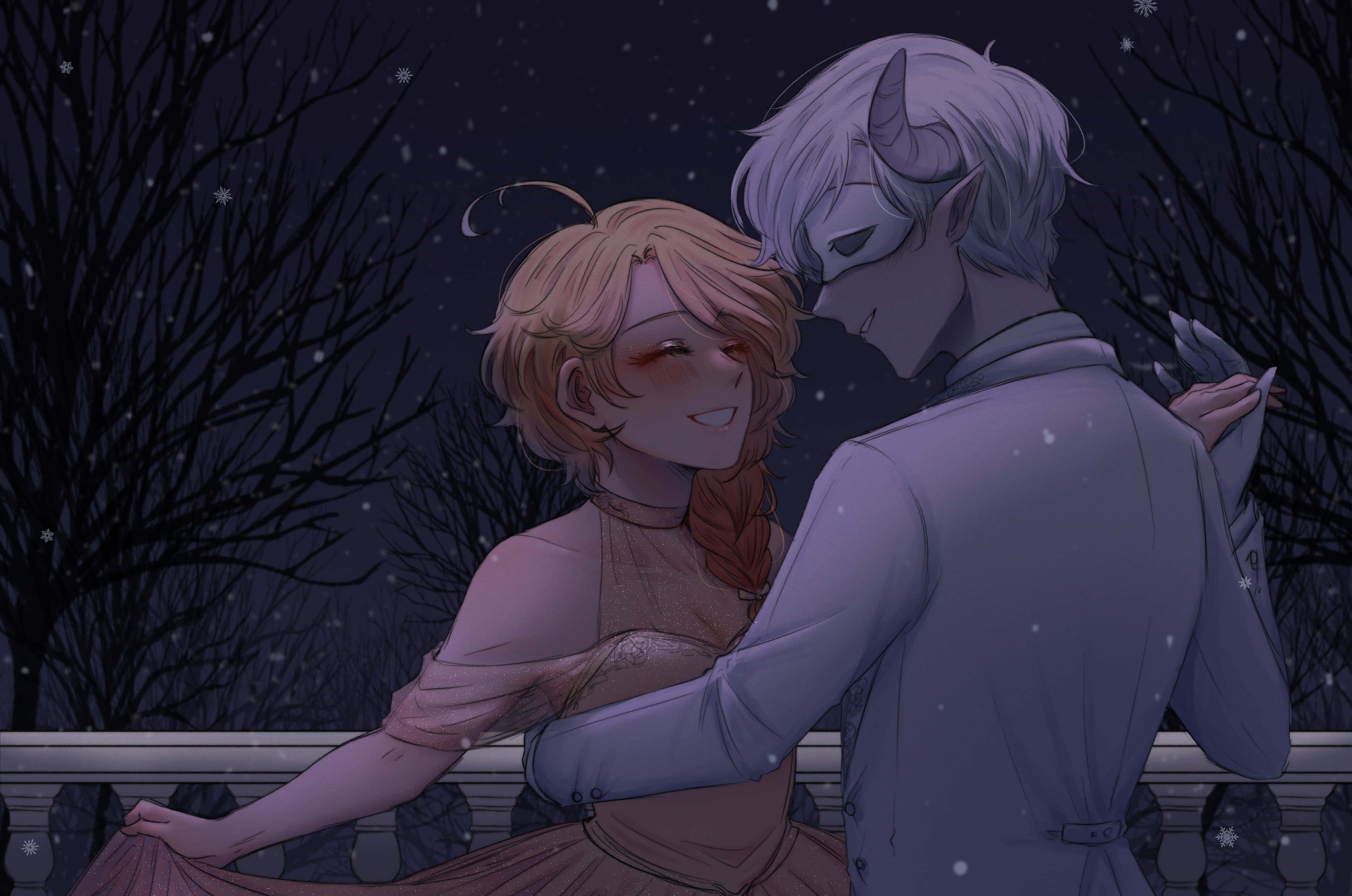 The Promised Neverland Norman 桌布 壁紙 — 一對溫柔的動漫情侶在雪夜天空下，在光禿禿的樹木和飄落的雪花中擁抱。