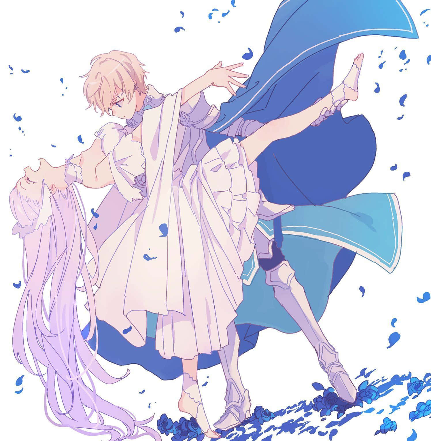 Sword Art Online Quinella 桌布 壁紙 — 一對溫柔的動漫情侶在飄浮的藍色花瓣中跳舞，伴隨著柔和的粉彩燈光和飄逸的服裝。