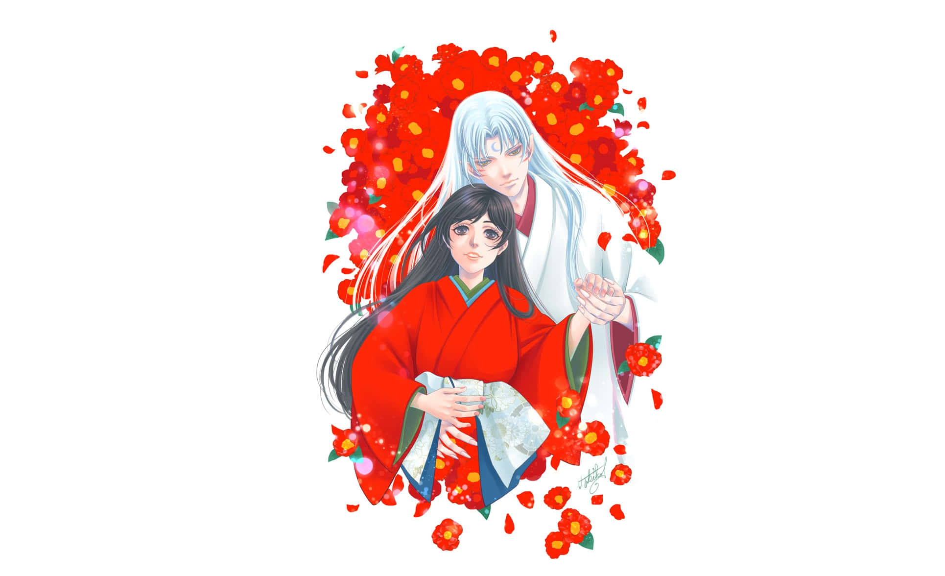 Inuyasha And Rin 桌布 壁紙 — 一對溫柔的動漫情侶穿著傳統服飾，被鮮豔的紅花環繞，背景為白色。
