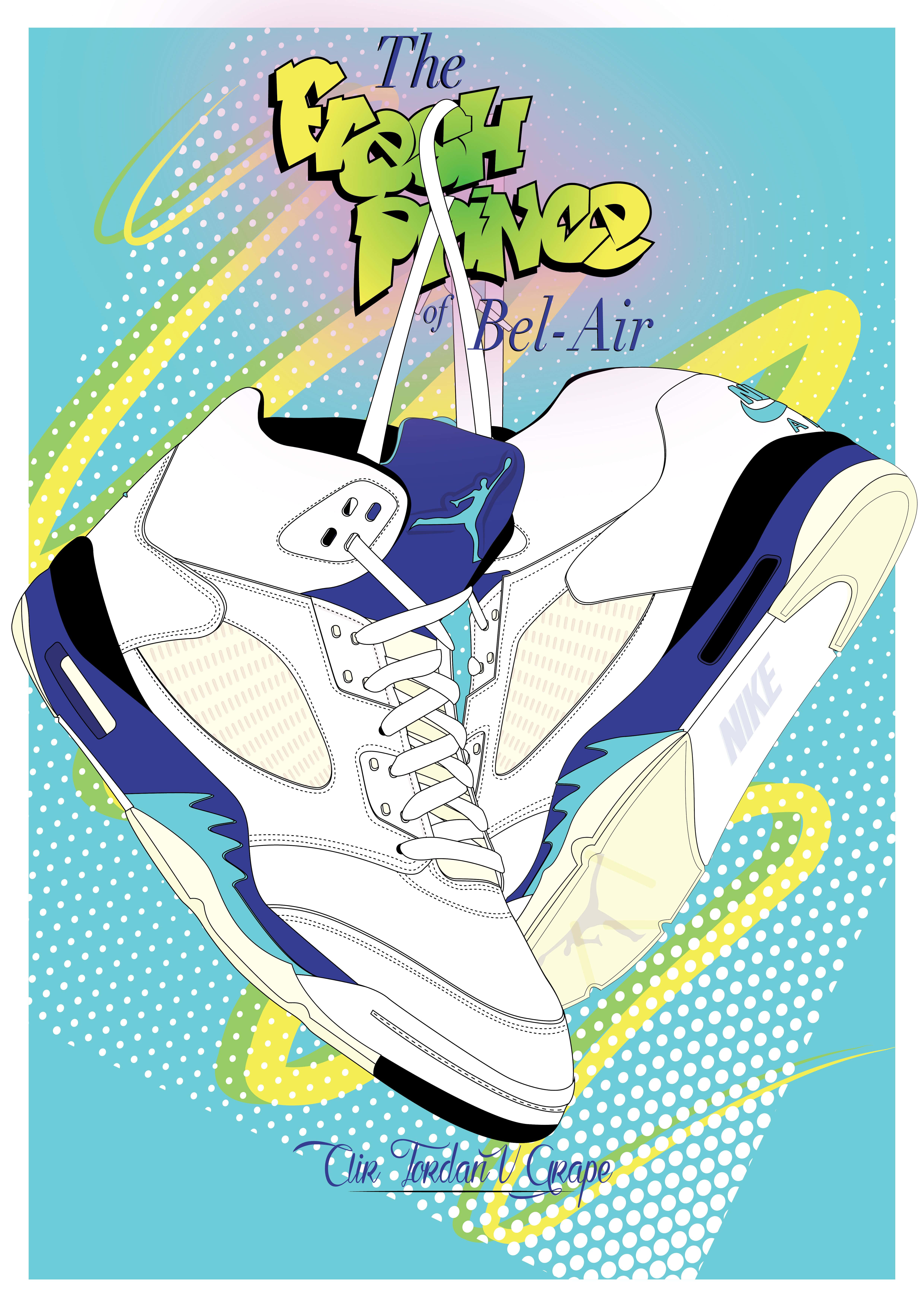 fresh prince 桌布 壁紙 — 一對白色、藍色和青綠色的 Air Jordan 5 Grape 運動鞋漂浮在充滿活力的復古流行藝術背景上，帶有粗體文字。