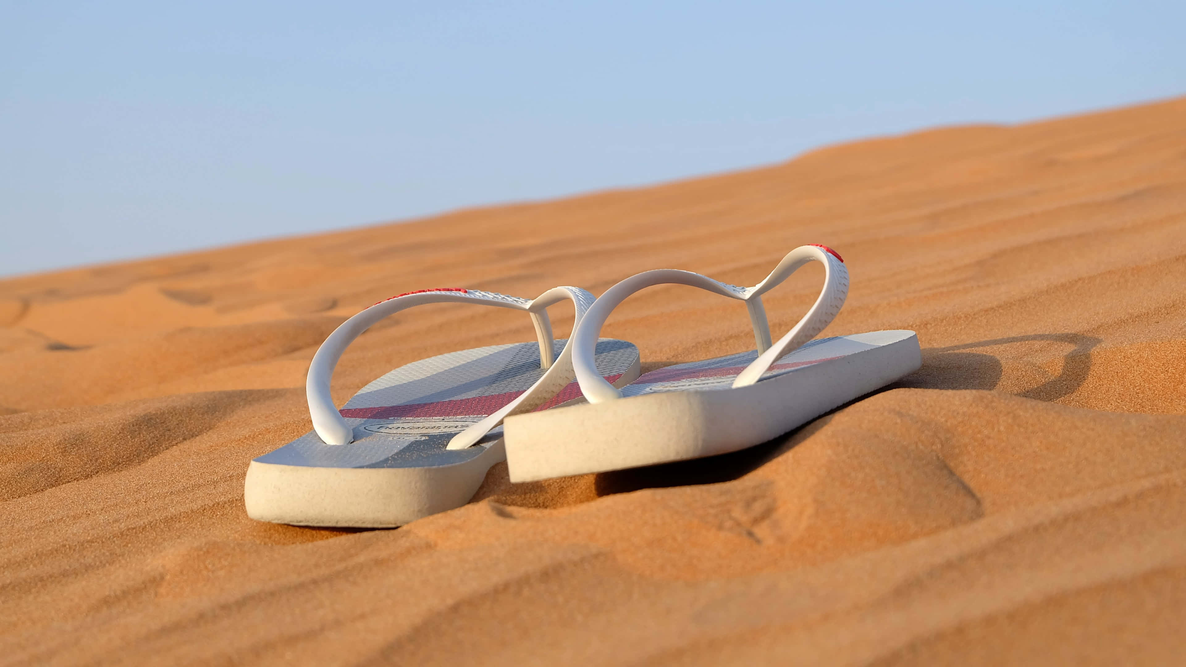 Beach Sandals 桌布 壁紙 — 一對白色人字拖放在金色沙漠沙地上，頭頂是清澈的藍天。