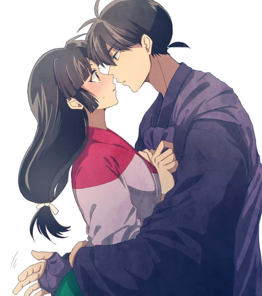 Inuyasha And Miroku 桌布 壁紙 — 一對穿著傳統長袍的溫柔動漫情侶，在純白色背景前分享親密時刻。