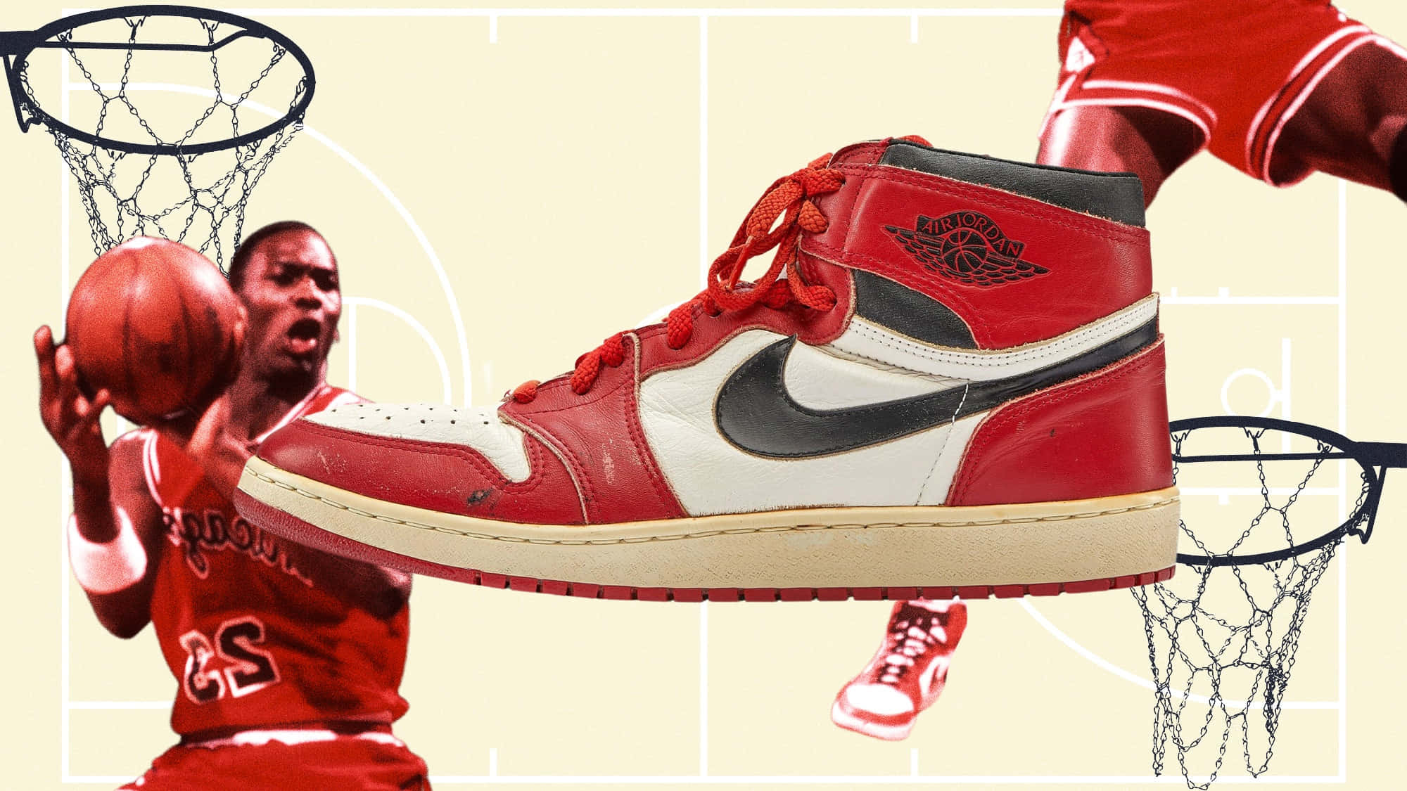 佐敦 桌布 壁紙 — 一對紅白Air Jordan 1波鞋主導了一幅拼貼畫，畫中米高佐敦正在籃球場上入樽。