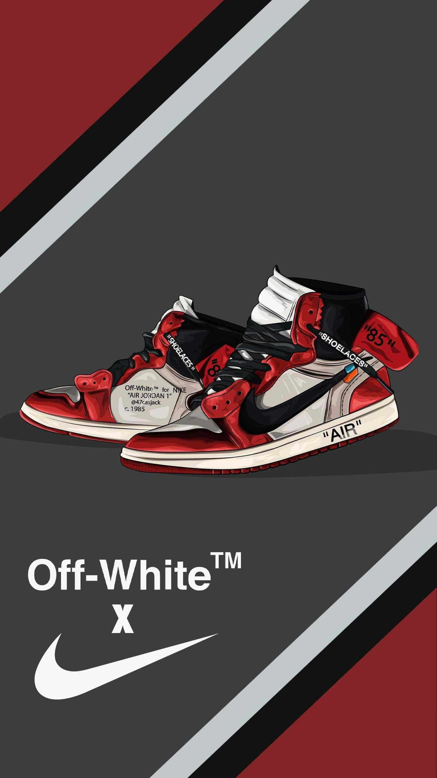 運動鞋 桌布 壁紙 — 一對紅白黑色的Off-White x Nike Air Jordan 1運動鞋，在深灰色背景上有大膽的對角線條紋。