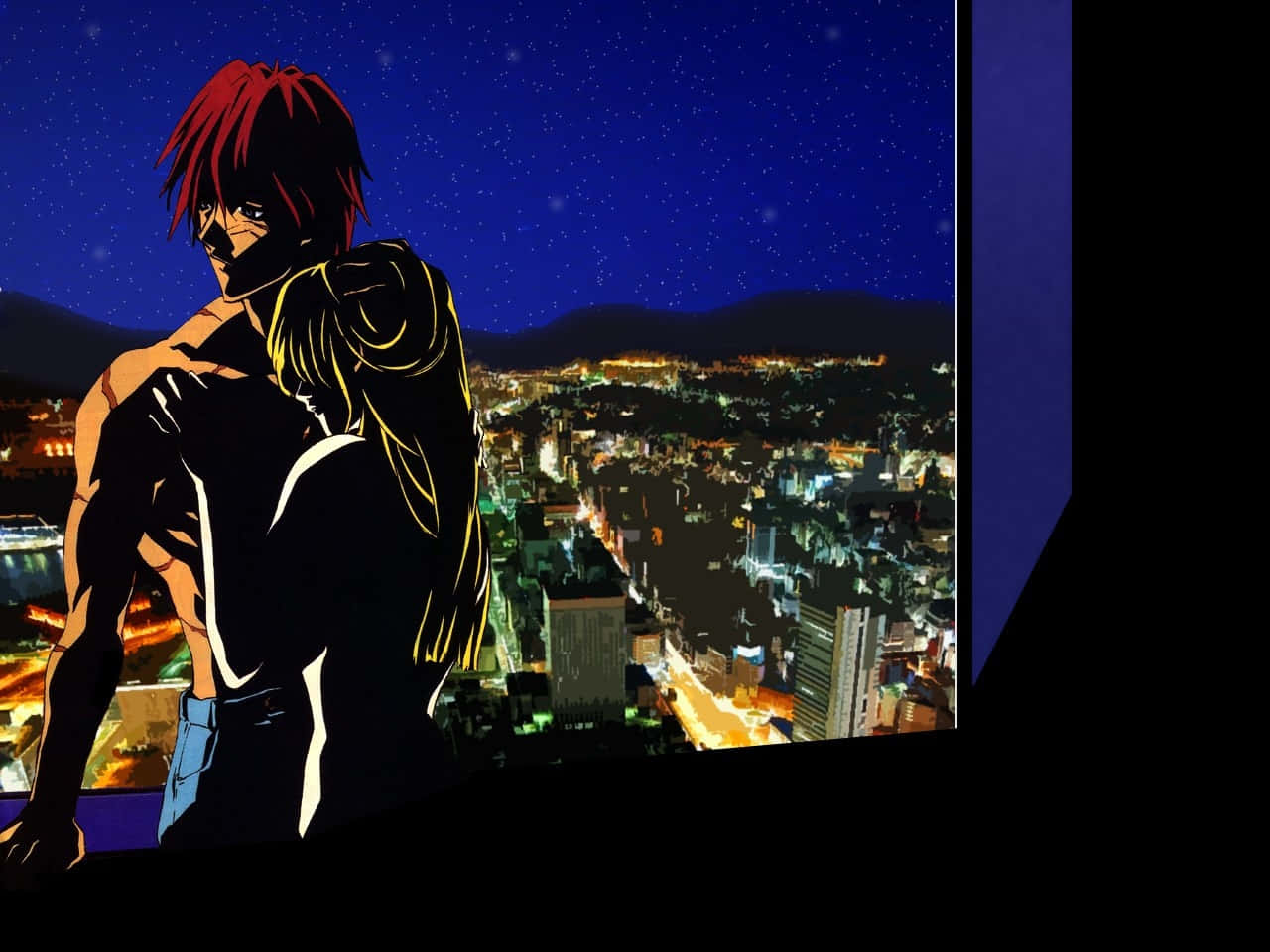 Outlaw Star 桌布 壁紙 — 一對紅髮動漫情侶在屋頂上擁抱，俯瞰著星空下閃爍的城市景觀。