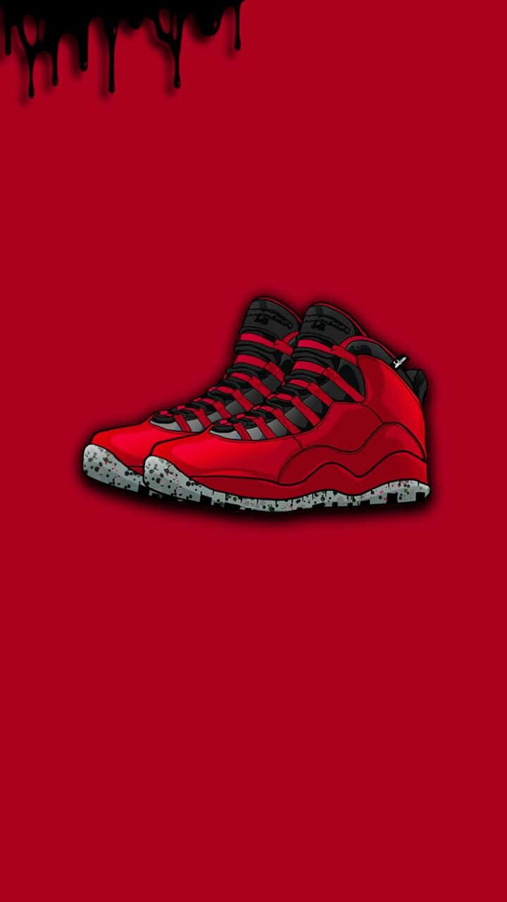 Red Shoes 桌布 壁紙 — 一對紅黑高筒運動鞋，鞋底有斑點，置於大膽的紅色背景上，頂部有黑色滴落效果。