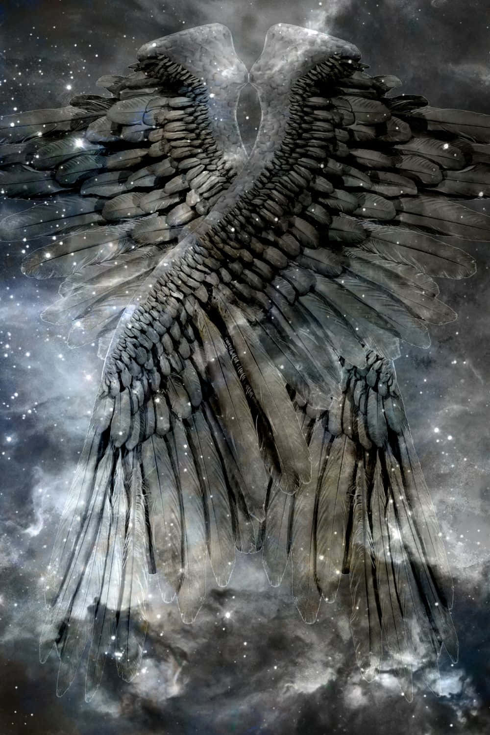 Wings 桌布 壁紙 — 一對莊嚴的深色羽毛翅膀在佈滿星雲和發光粒子的星空宇宙天空中展開。