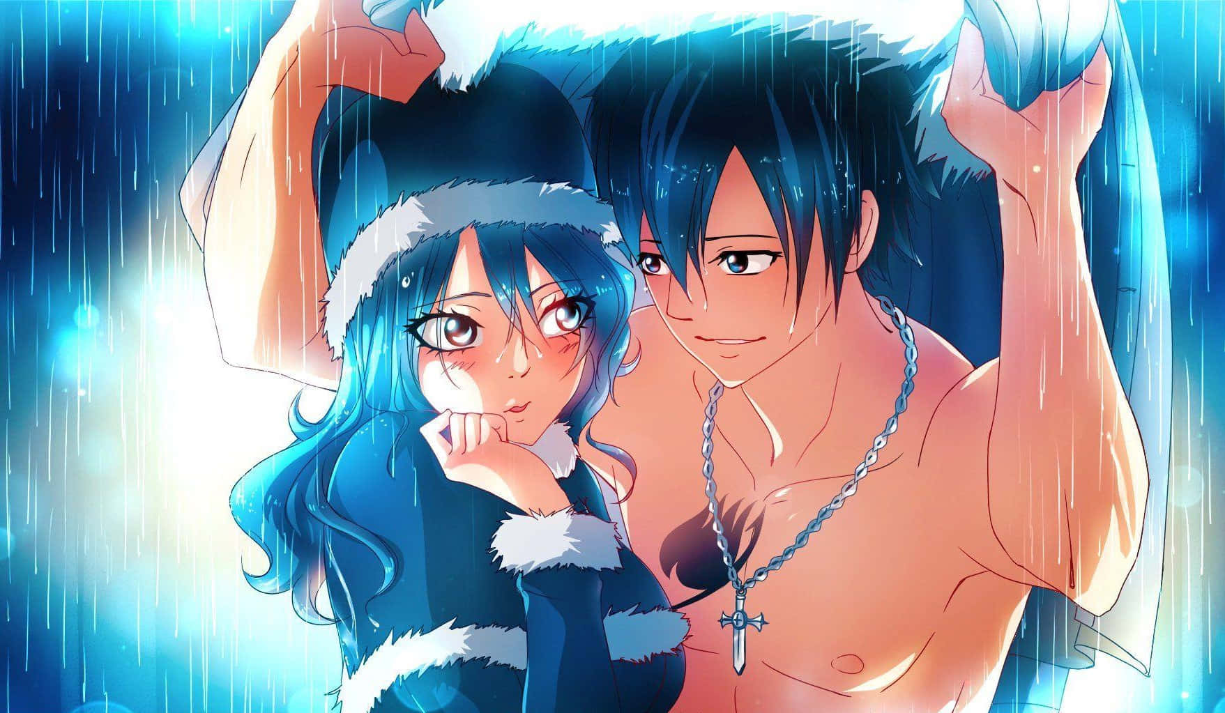 juvia lockser 桌布 壁紙 — 一對藍髮動漫情侶在發光的藍色暴雨中擁抱，表情強烈。