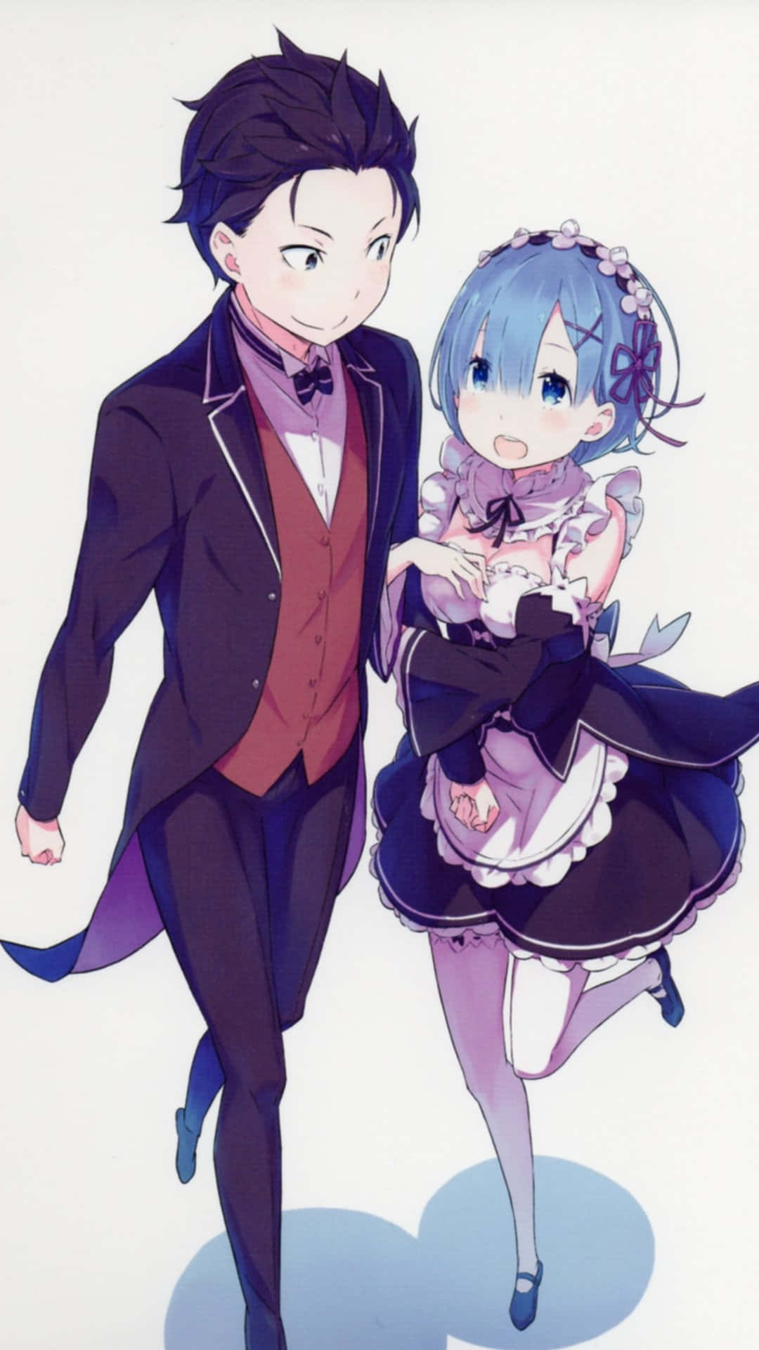 Subaru Natsuki 桌布 壁紙 — 一對開心的動漫情侶一起走，一個穿西裝的男孩和一個穿帶紫色點綴的女僕裝的女孩。