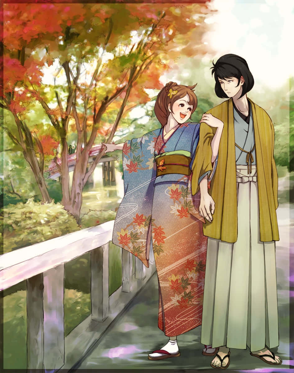 Goemon Ishikawa Xiii 桌布 壁紙 — 一對開心的動漫情侶穿著傳統和服，站在木橋上，橋下是紅葉和橙葉的秋樹。