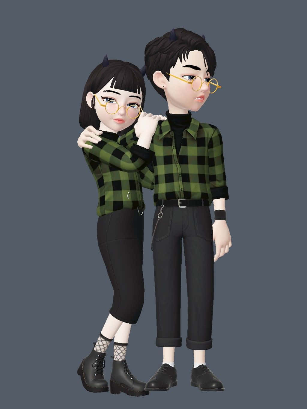 Animojis 桌布 壁紙 — 一對風格化的動漫情侶穿著相配的綠色格仔襯衫和黑色褲子，在純灰色背景前緊密地擺姿勢。