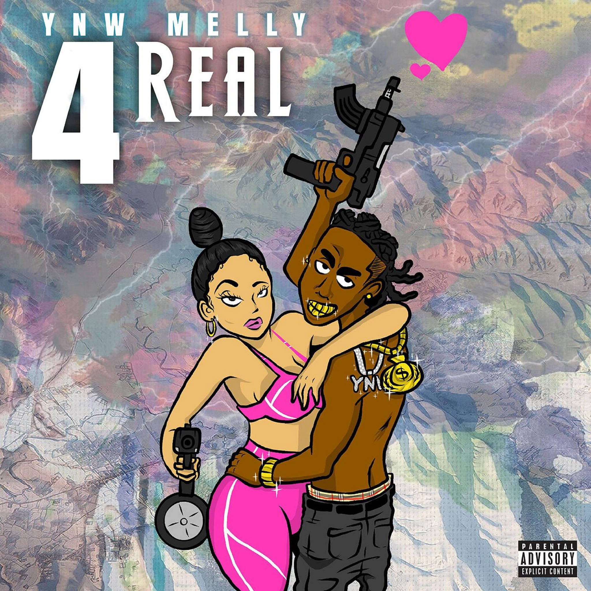 YNW Melly 4 Real 壁紙 — 一對風格化的卡通情侶，在超現實的山景背景下手持槍支和粉紅色心形，帶有「YNW MELLY 4 REAL」文字。