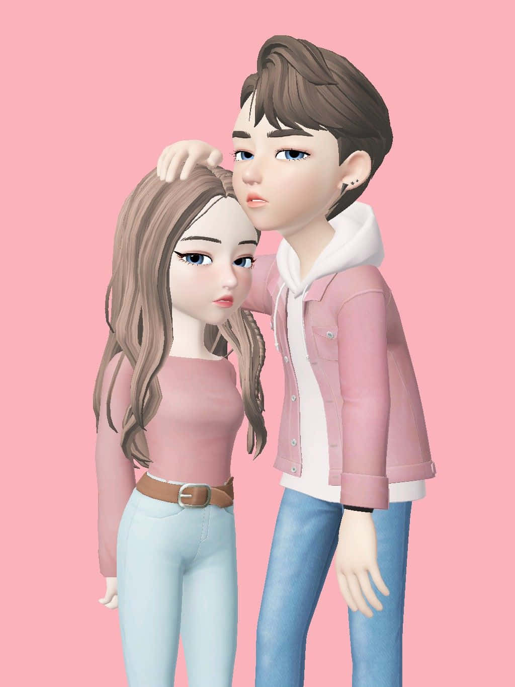 Animojis 桌布 壁紙 — 一對風格化的數碼情侶在柔和粉紅色背景及柔和燈光下溫柔擁抱。