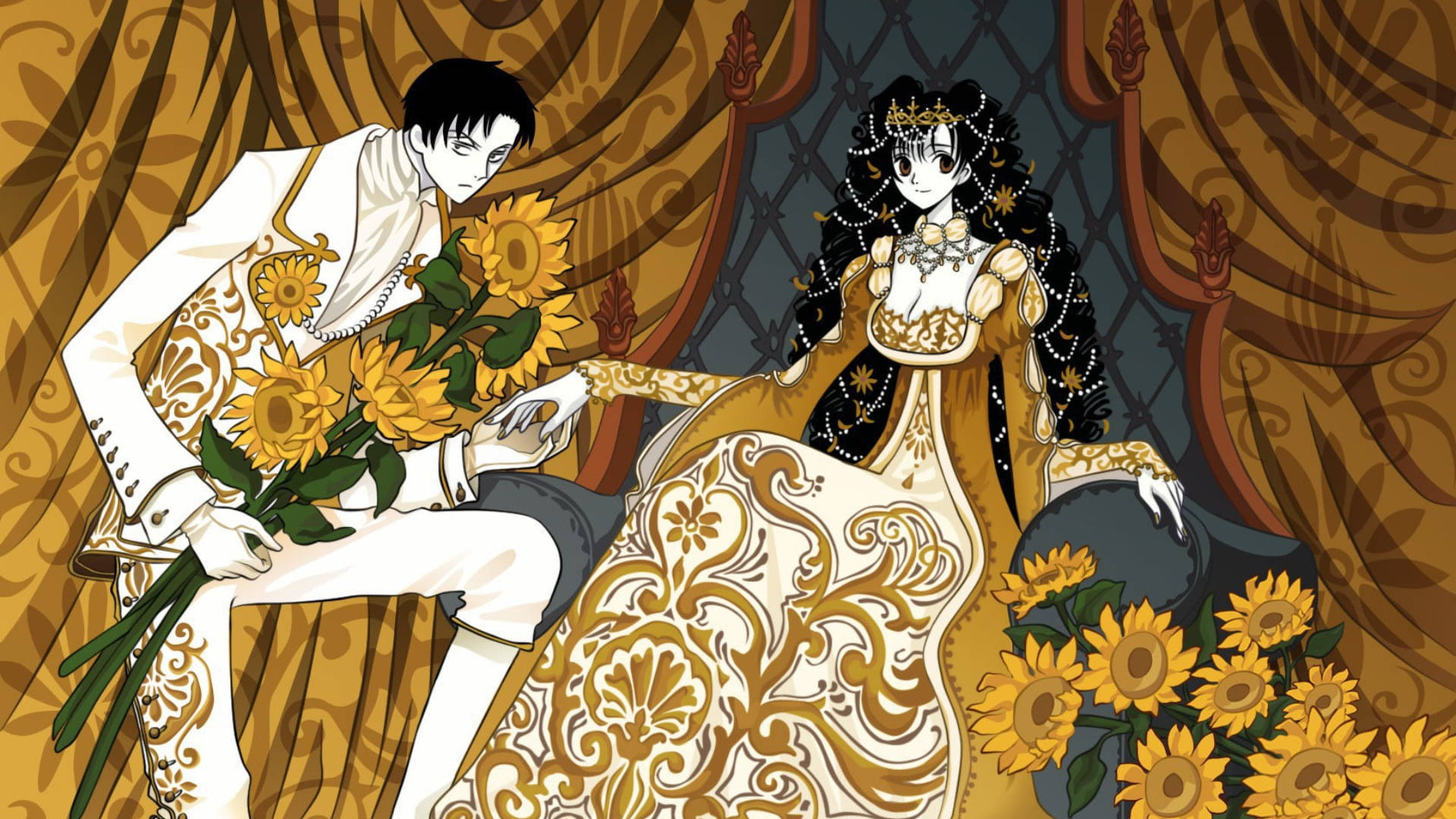 Princess 桌布 壁紙 — 一對高貴的動漫情侶，身穿華麗的金白色服飾，在奢華窗簾前被向日葵環繞。