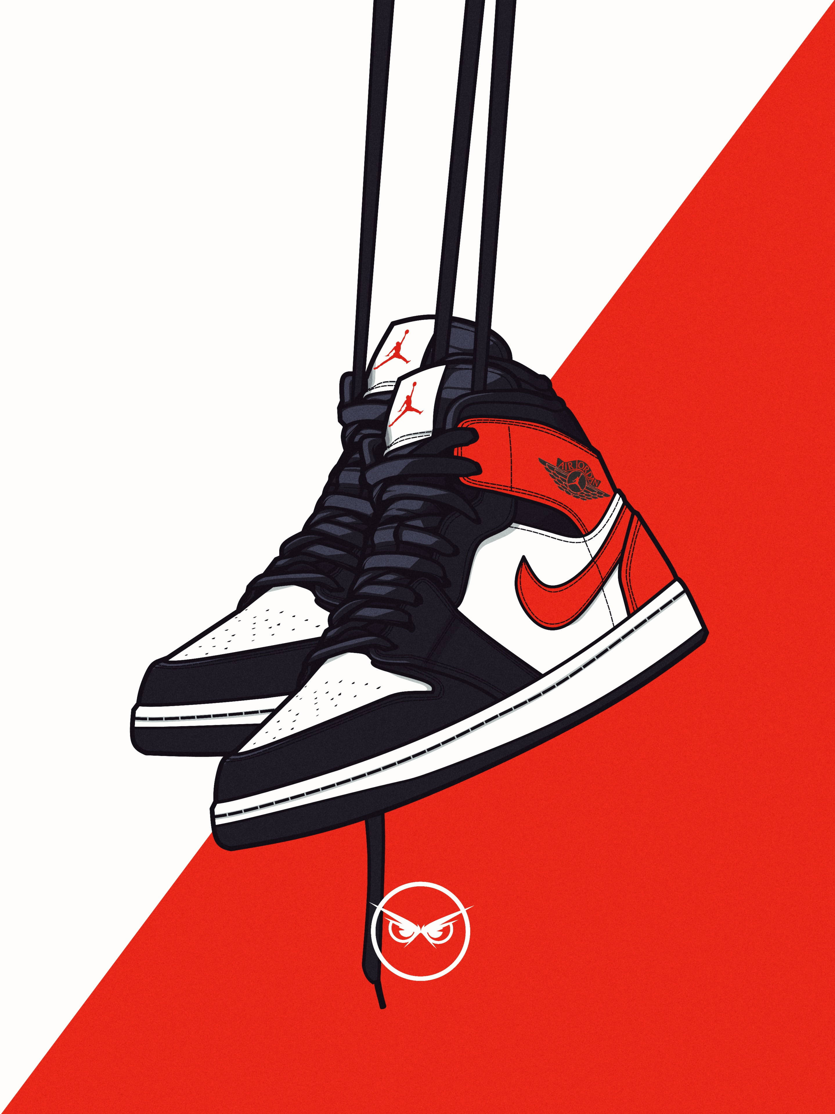 cool shoe 桌布 壁紙 — 一對黑、白、紅色的Jordan 1波鞋用鞋帶掛在搶眼的紅白斜紋背景上。