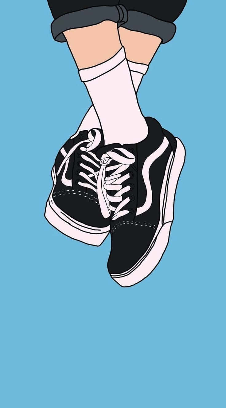Cute Shoes 桌布 壁紙 — 一對黑白Vans運動鞋配白色襪子和捲起的牛仔褲，背景為純藍色。