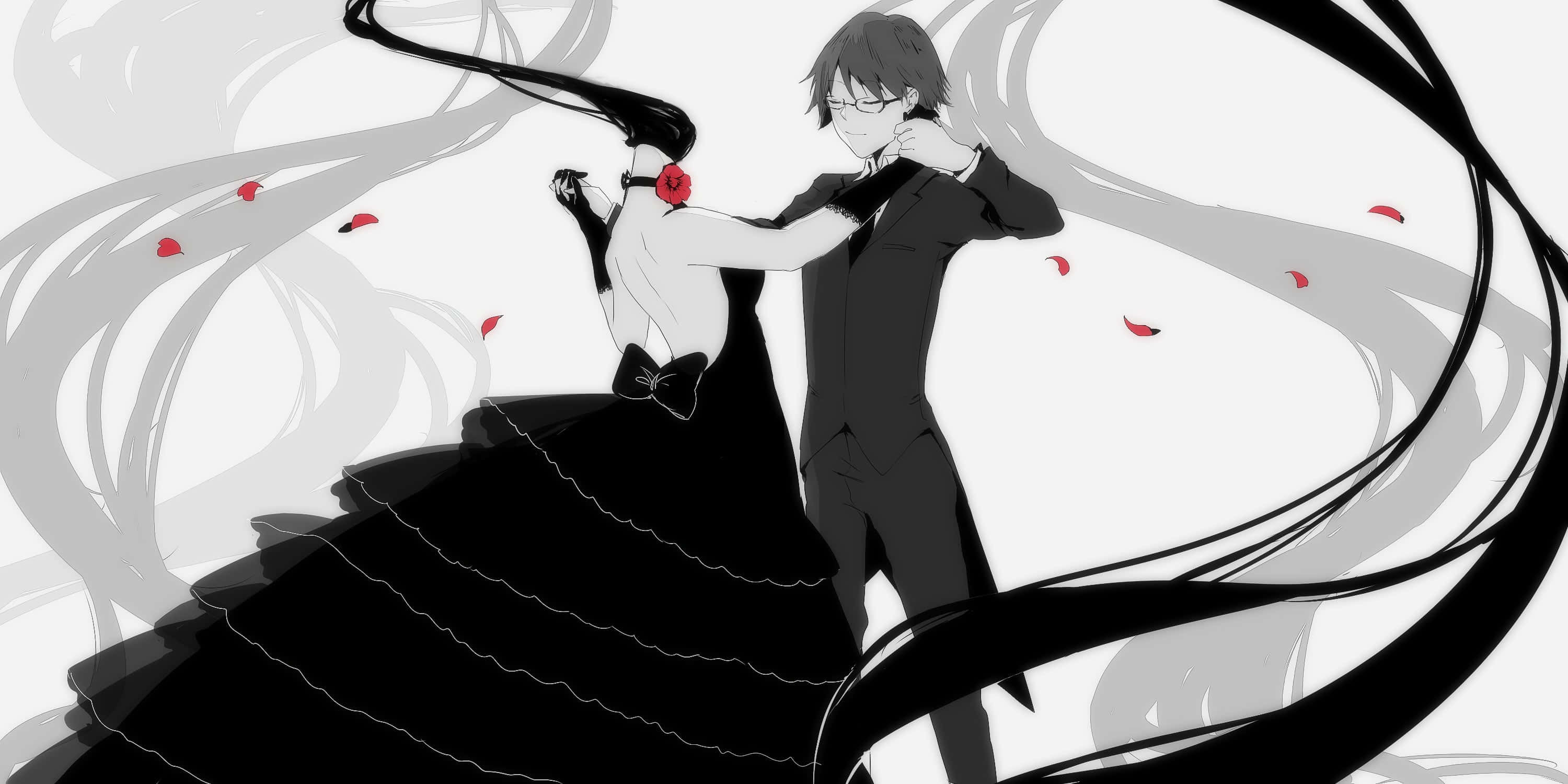 Shinra Kishitani 桌布 壁紙 — 一對黑白動漫情侶在旋轉的絲帶和飄落的紅色花瓣中以戲劇性的姿勢跳舞。