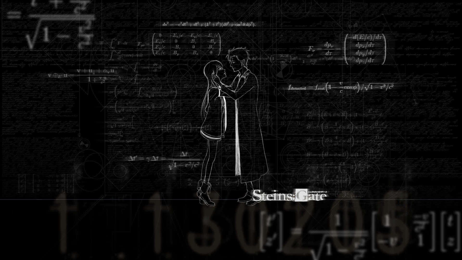Steins Gate 桌布 壁紙 — 一對黑白動漫情侶在複雜的數學方程式和符號背景下擁抱。