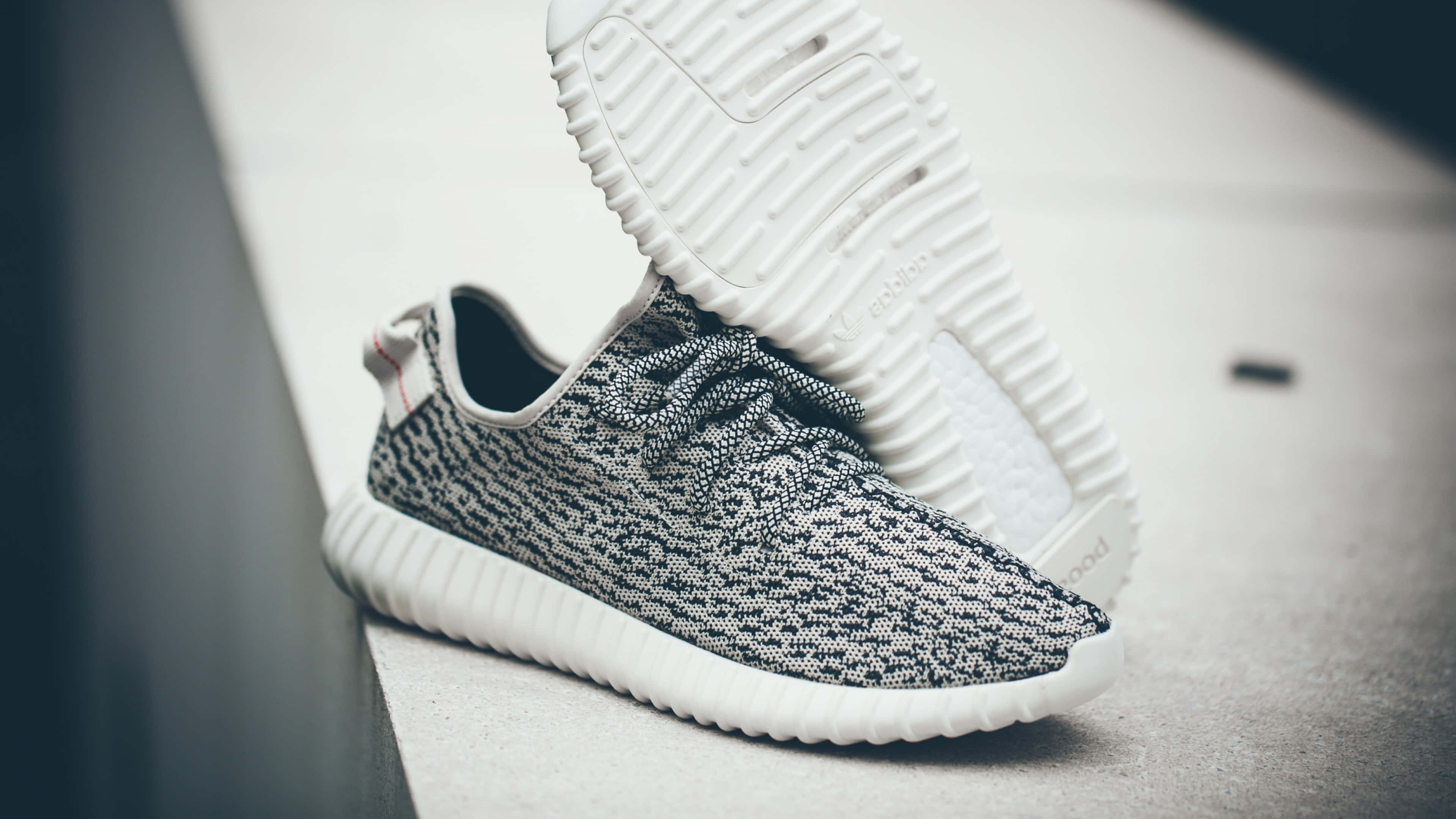 Footwear Design 桌布 壁紙 — 一對黑白針織運動鞋，配以厚白色鞋底，在柔和焦點中靠著混凝土邊緣。