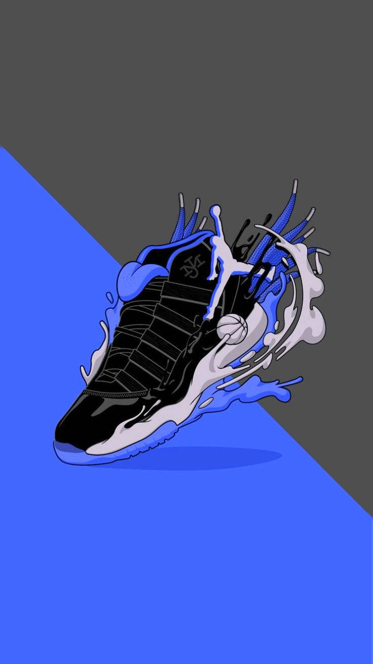 cool shoe 桌布 壁紙 — 一對黑藍色籃球鞋在分割的藍色和灰色背景上爆發出動態的顏料飛濺。