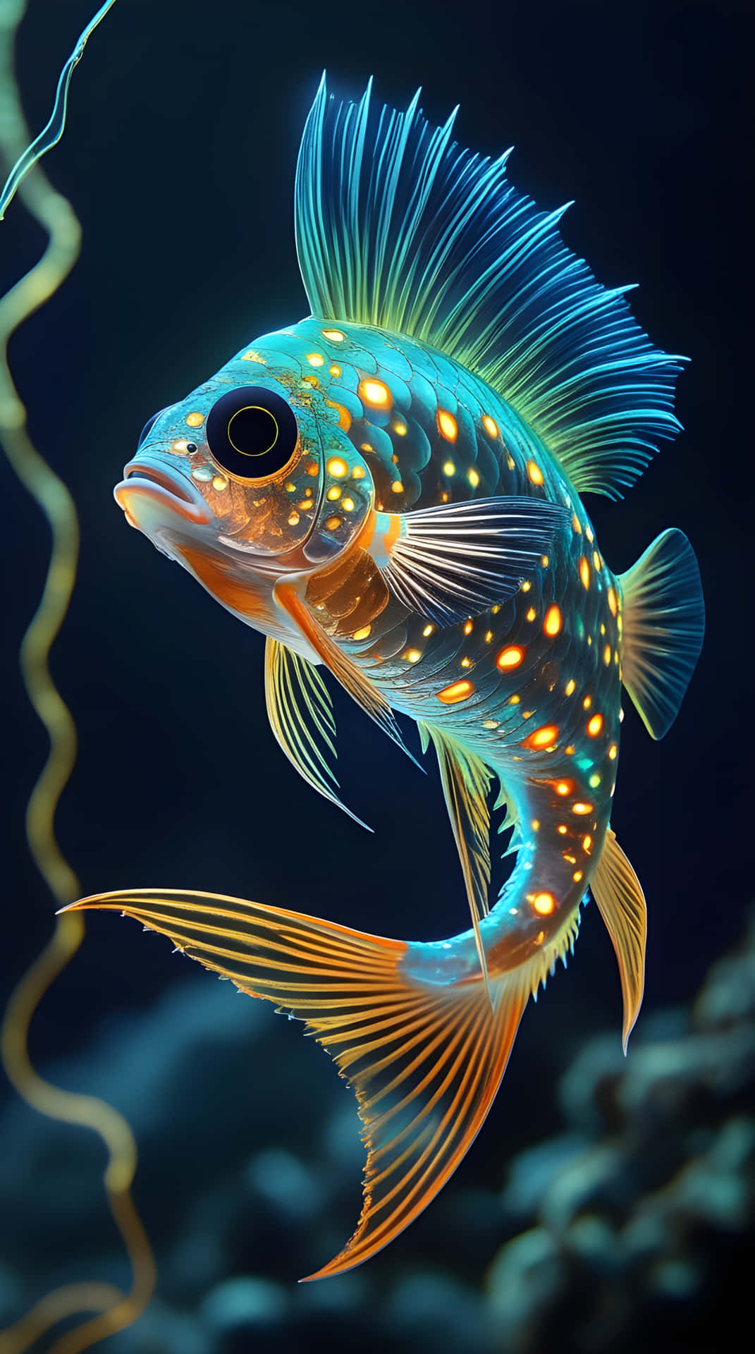 一條發光的藍色魚，帶有橙色斑點和流動的鰭，在黑暗的海水中游近金色海藻。