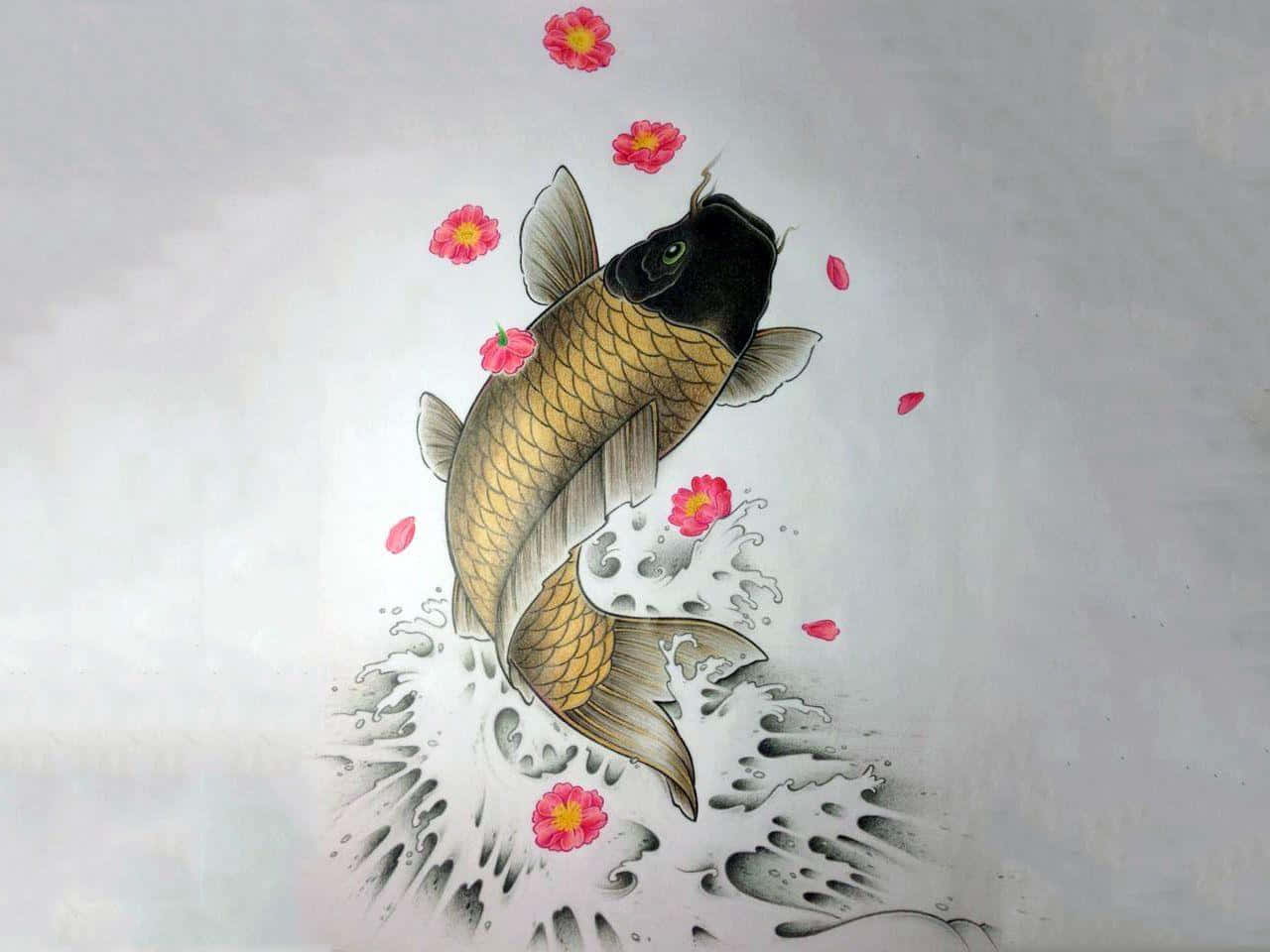 一尾美麗錦鯉在優雅景觀的池塘中悠然游動 壁紙 — 一條金色錦鯉跳過風格化的波浪，周圍漂浮著粉紅色的花朵，背景為柔和的灰色。