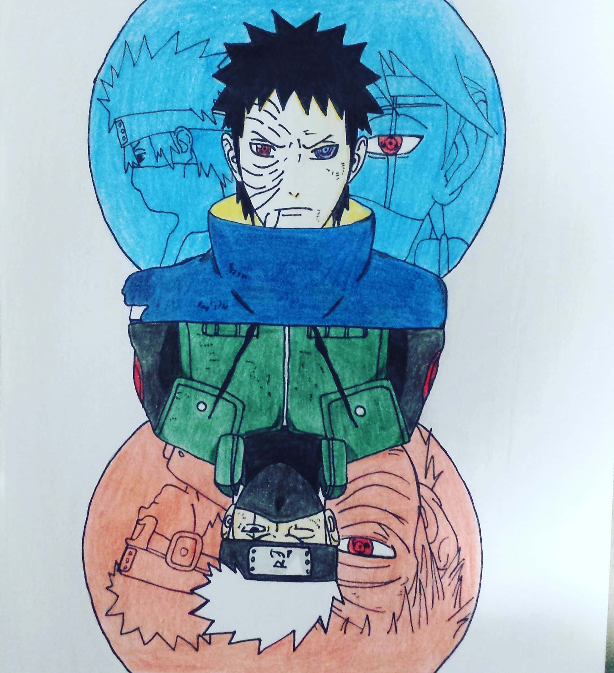 4th Great Ninja War 桌布 壁紙 — 一層層嘅動漫畫作，描繪Naruto角色，有尖刺頭髮同紅色眼睛，喺藍色同橙色圓圈入面。